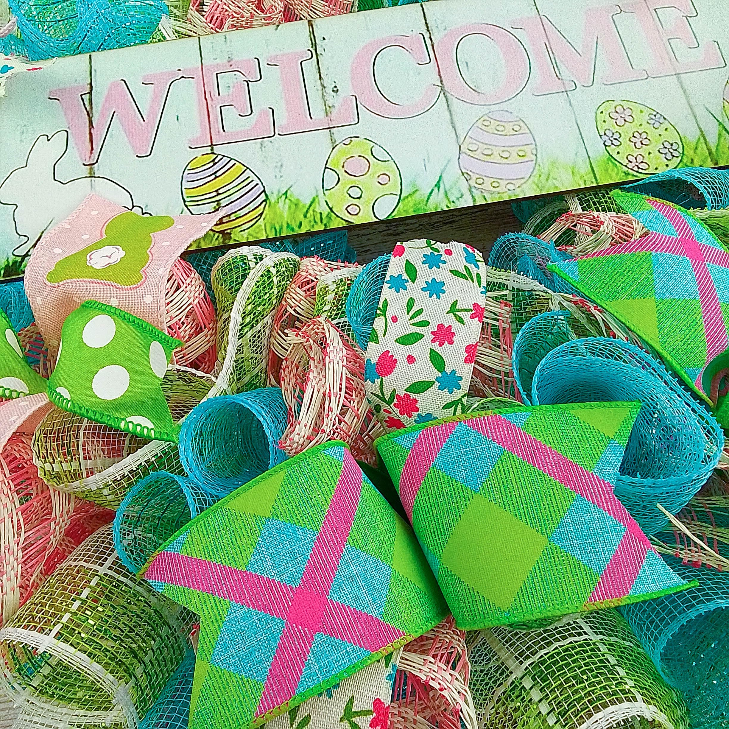 Easter Bunny Wreath - Spring Welcome Door Wreath in Pink, Turquoise, Lime Green & White | Easter Home Decor | Front Door Wreath for Spring & Easter Celebrations