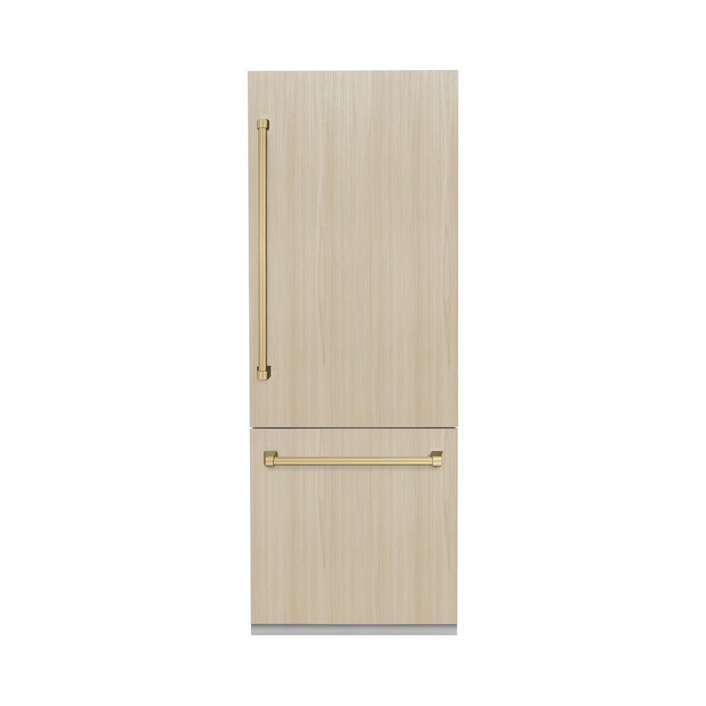 ZLINE Autograph Edition 30-Inch Panel Ready Built-In Bottom Freezer Refrigerator - 16.1 cu. ft. Capacity with Water Dispenser & Ice Maker - Champagne Bronze Accents (RBIVZ 30 CB) - Perfect for Modern Kitchens & Open Concept Homes