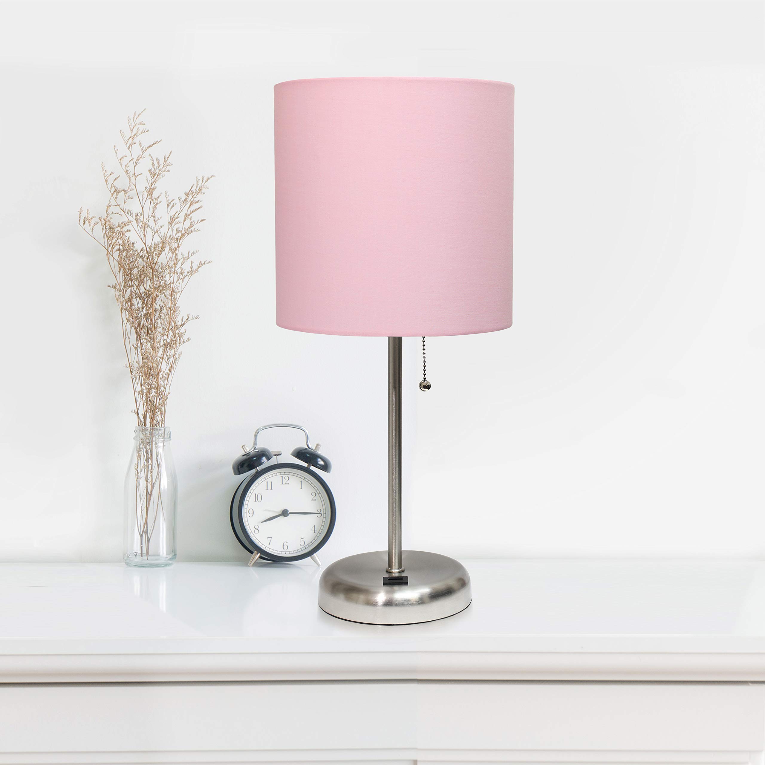 Simple Designs LT2044-LPK Brushed Steel Desk Lamp with USB Charging Port & Light Pink Drum Fabric Shade - Perfect for Home Office, Study, Bedroom Nightstand or Dorm Room Lighting