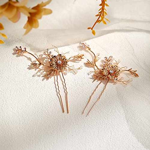 2 Pcs AW BRIDAL Wedding Hair Combs - Gold Bridal Hair Pins with Floral Design for Brides, Women's Hair Accessories | Perfect for Weddings, Prom, and Special Occasions