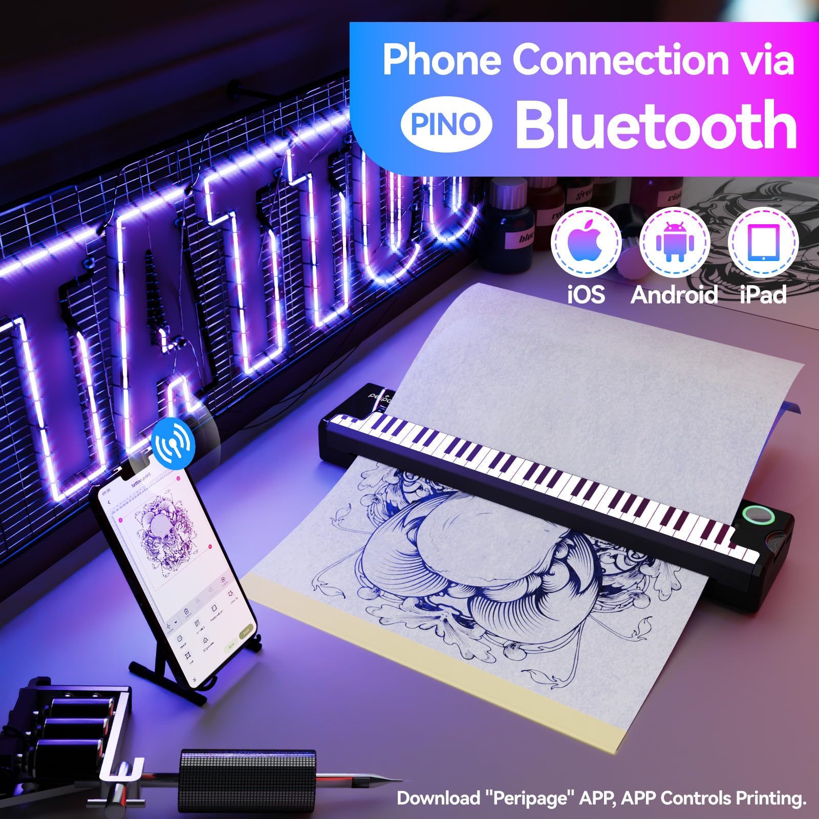 Pino Wireless Tattoo Stencil Printer - Portable Thermal Transfer Machine for Professional & Beginner Tattoo Artists | Compatible with Smartphone, Tablet & PC | Perfect for Tattoo Studio, Home Practice & On-the-Go Designs