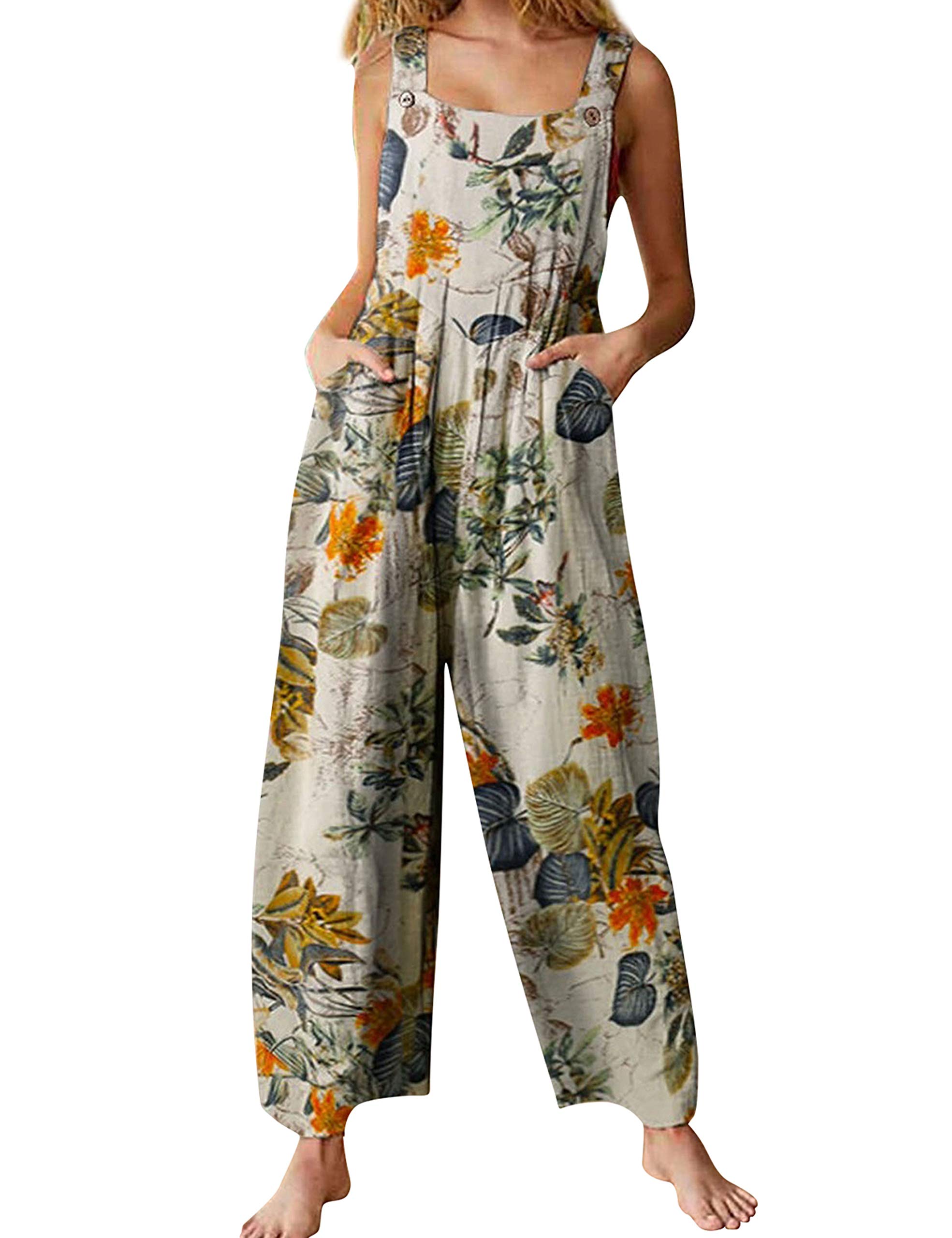 Himosyber Women's Patchwork Jumpsuit with Dual Pockets - Loose Fit Floral Print Bohemian Wide Leg Bib Overalls for Casual Outings & Summer Festivals