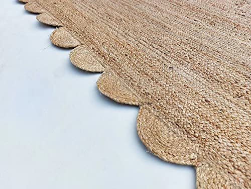 Handwoven Braided Jute Rug - Scalloped Rectangle Natural Beige Carpet for Patio, Entryway, Living Room (3x3 Feet, 90x90cm) | Eco-Friendly & Durable Floor Mat for Home Decor