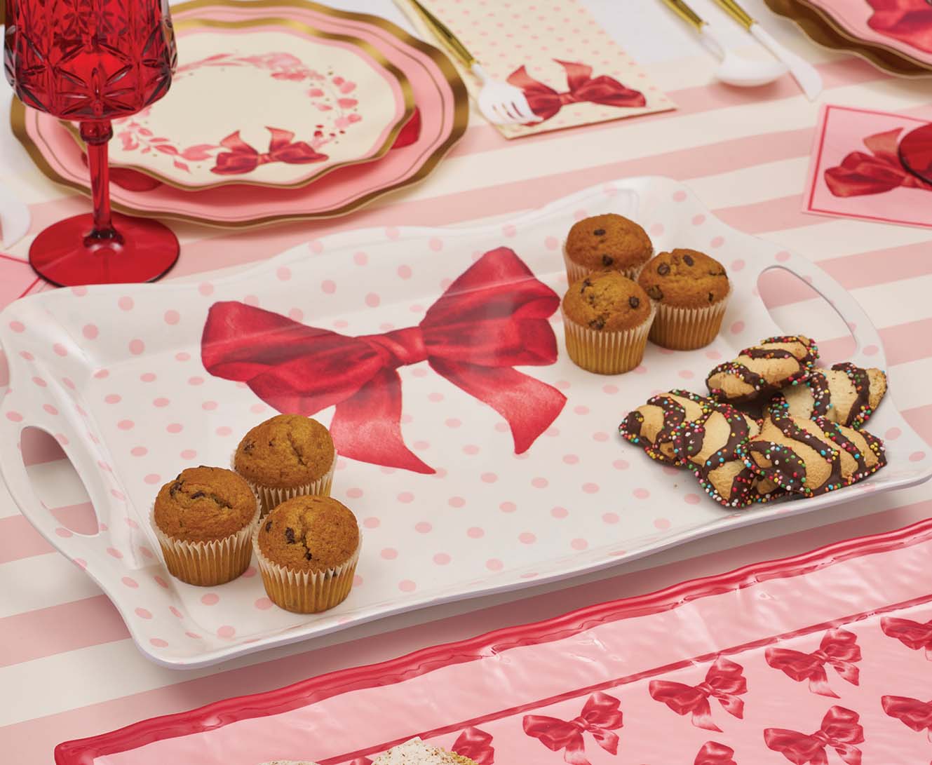 Elegant Pink Bows Melamine Serving Tray - Lightweight & Durable Party Platter for Brunch, Tea Time, and Home Decor