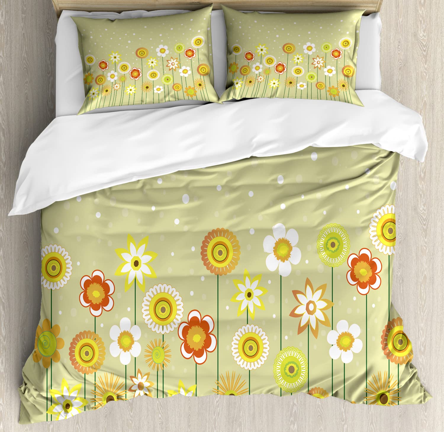 Ambesonne Yellow Flower Duvet Cover Set - Queen Size 2-Pack with 4 Pillowcases | Colorful Meadow Abstract Dots Design | 100% Soft Microfiber Bedding | Perfect for Spring & Summer Bedroom Decor | Pale Green Yellow Botanical Theme