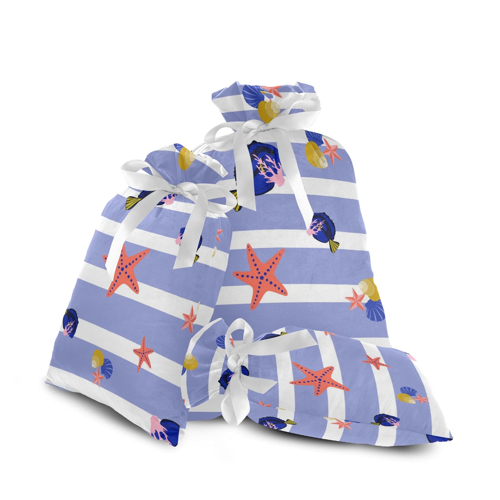 Blue Beach Shells & Fish 3-Pack Christmas Gift Bags - Drawstring Holiday Party Favor Pouches for Xmas Presents, Stocking Stuffers & Festive Celebrations | Perfect for Christmas Gifting, Holiday Parties & Beach-Themed Events