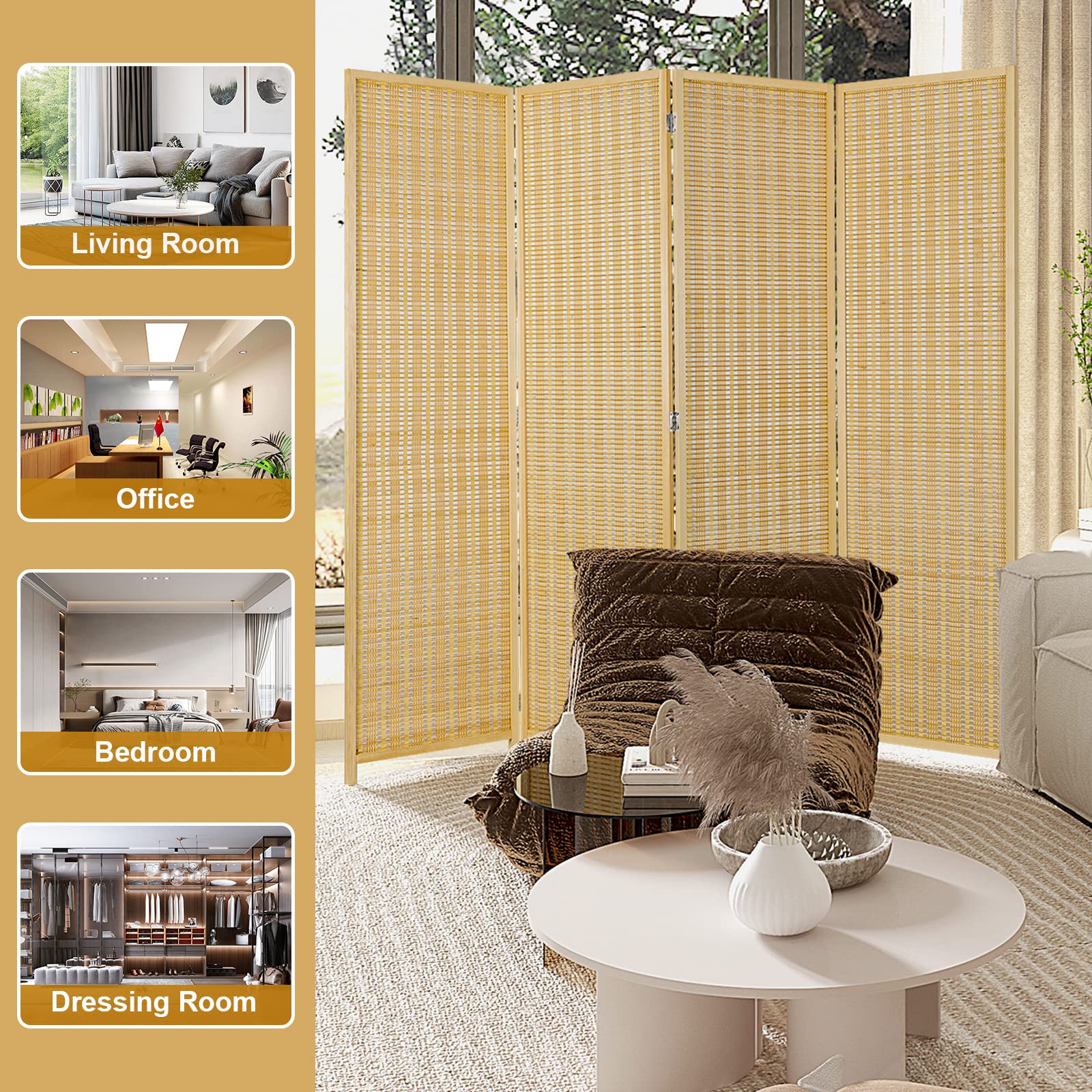 4 Panel Bamboo Room Divider - Folding Privacy Screen & Partition Wall for Living Room, Bedroom, Office - 66.9