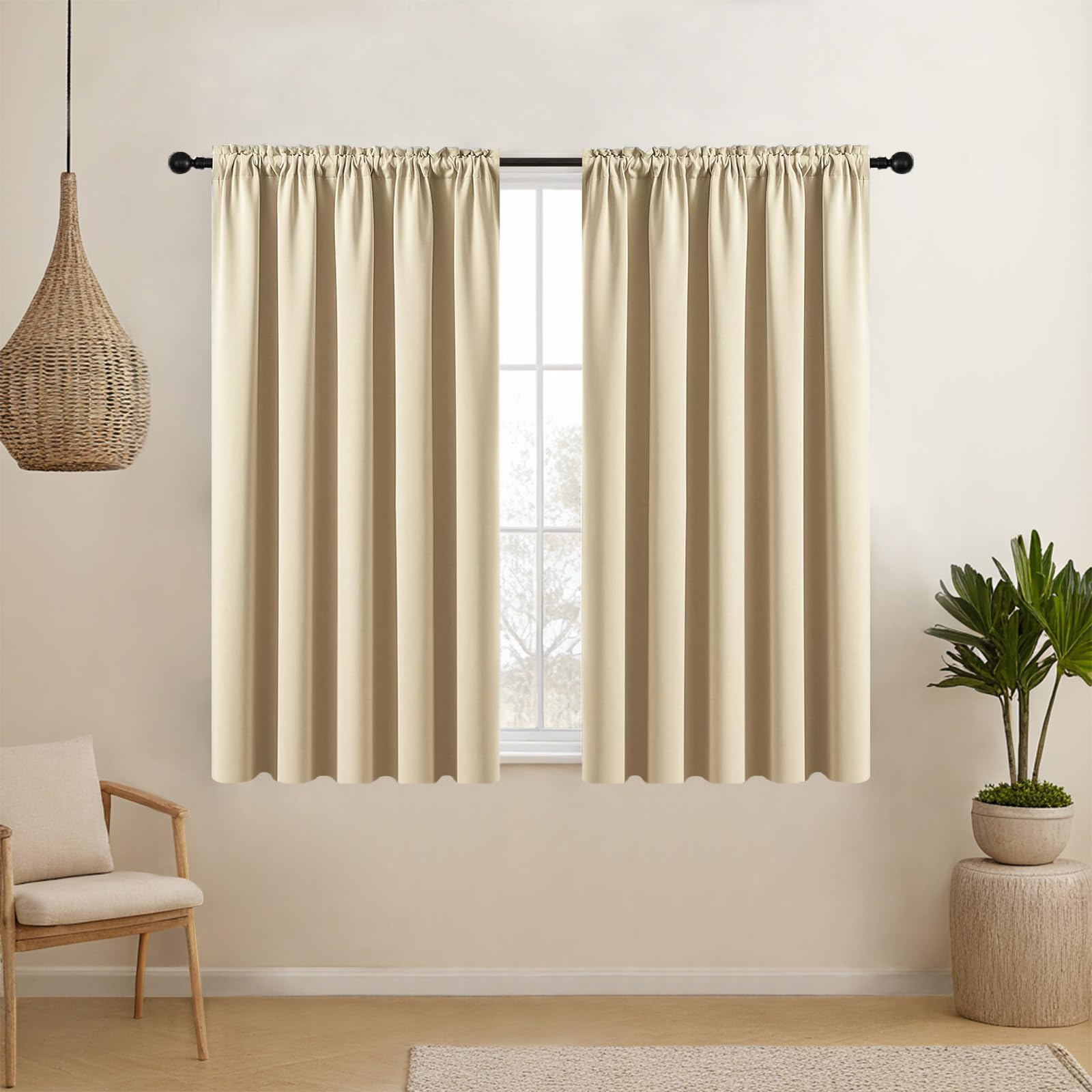 Blackout Curtains for Small Windows - Thermal Insulated Room Darkening Drapes with Rod Pocket, Light Beige (52x45 Inch, Set of 2 Panels) - Perfect for Bedroom, Living Room & Home Theater Light Control