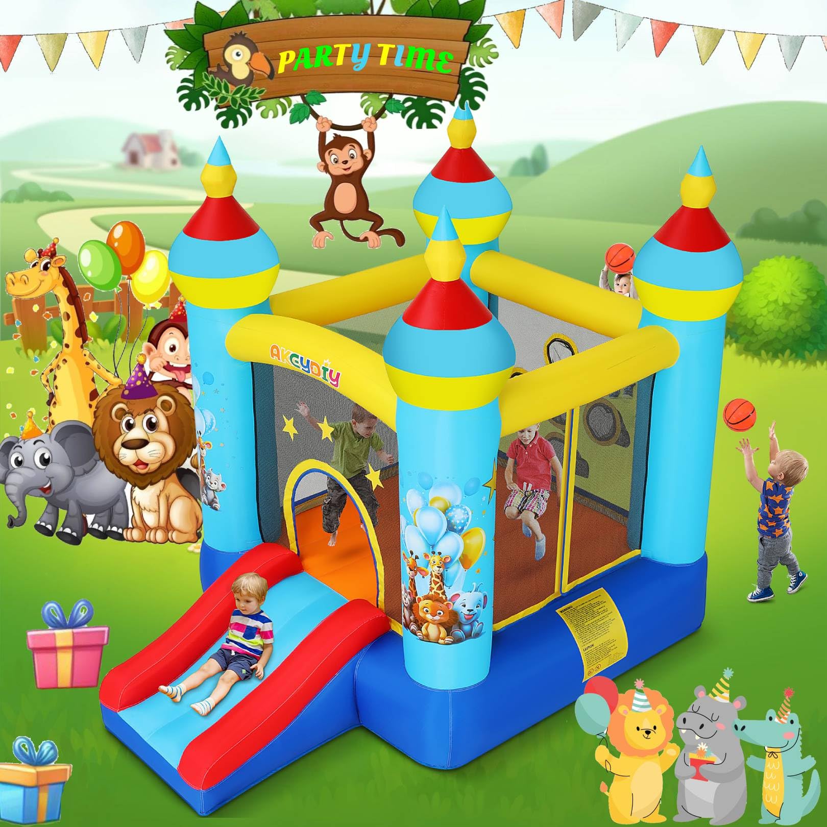 AKEYDIY Inflatable Bounce House for Kids Ages 3-8 - Tropical Jungle Themed Outdoor/Indoor Bouncy Castle with Slide, Jumping Area & Ball Toss Game - Includes Blower - Perfect for Birthday Parties, Backyard Play & Family Gatherings