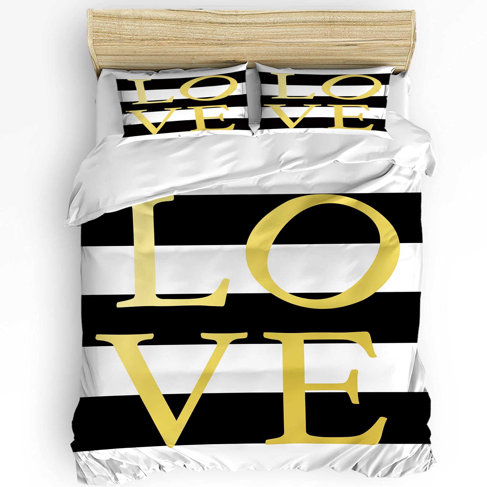 3-Piece Black and White Duvet Cover Set for Queen Bed - Includes 1 Comforter & 2 Pillow Shams with Golden Stripe Design | Luxury Bedroom Decor for Modern Homes & Guest Rooms