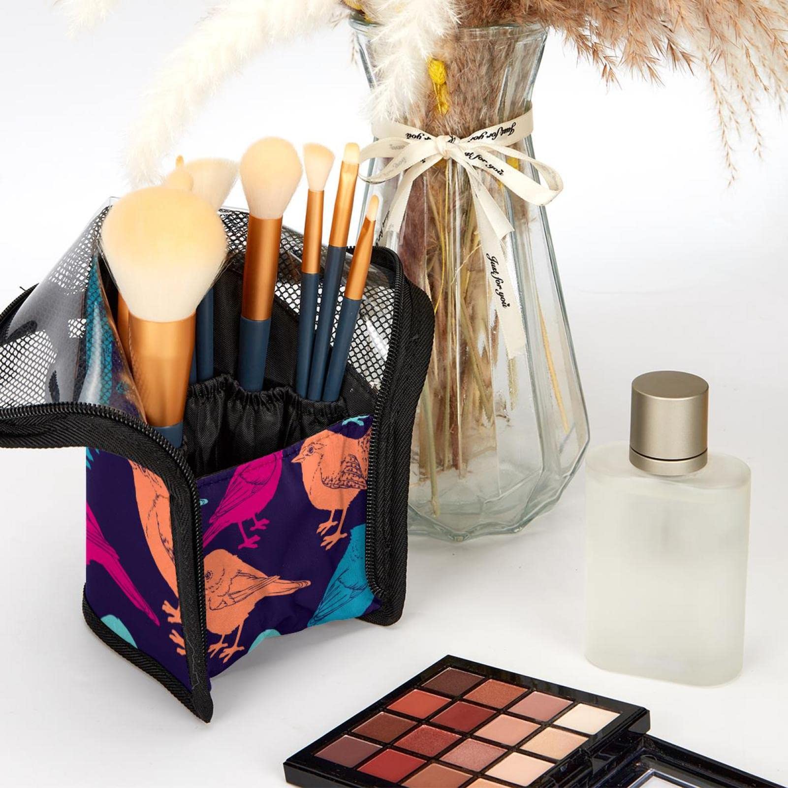 12-Piece Makeup Brush Organizer Bag with Colorful Birds Design - Portable Travel Cosmetic Brush Holder Case for Professional & Home Makeup Artists | Perfect for Travel, Salon Use & Daily Beauty Routine