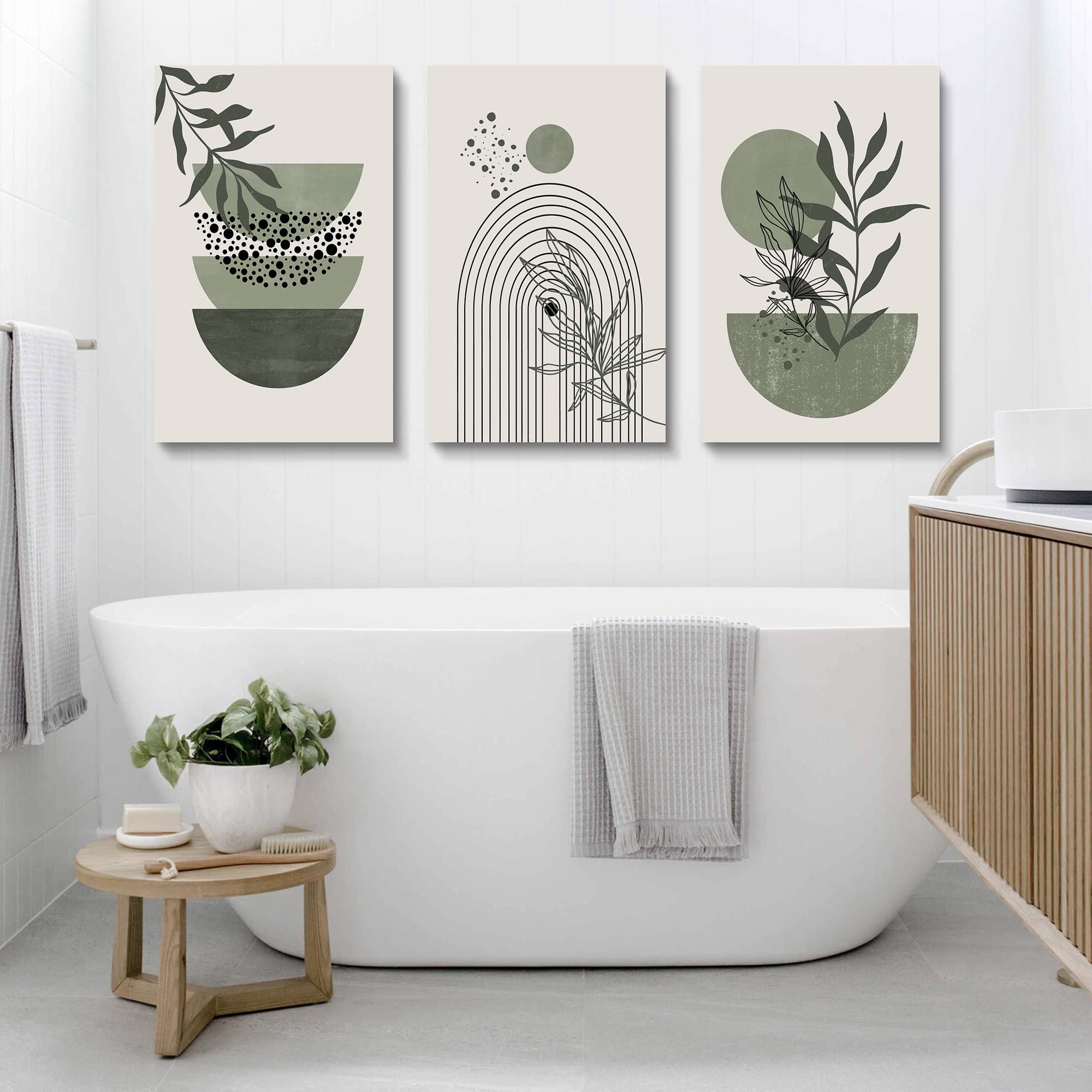 Sage Green Wall Posters & Prints - Set of 3 Boho Minimalist Framed Wall Art with Geometric Line, Leaf, Sun & Moon Designs on Beige Green Canvas Paintings | Perfect for Living Room, Bedroom & Office Decor