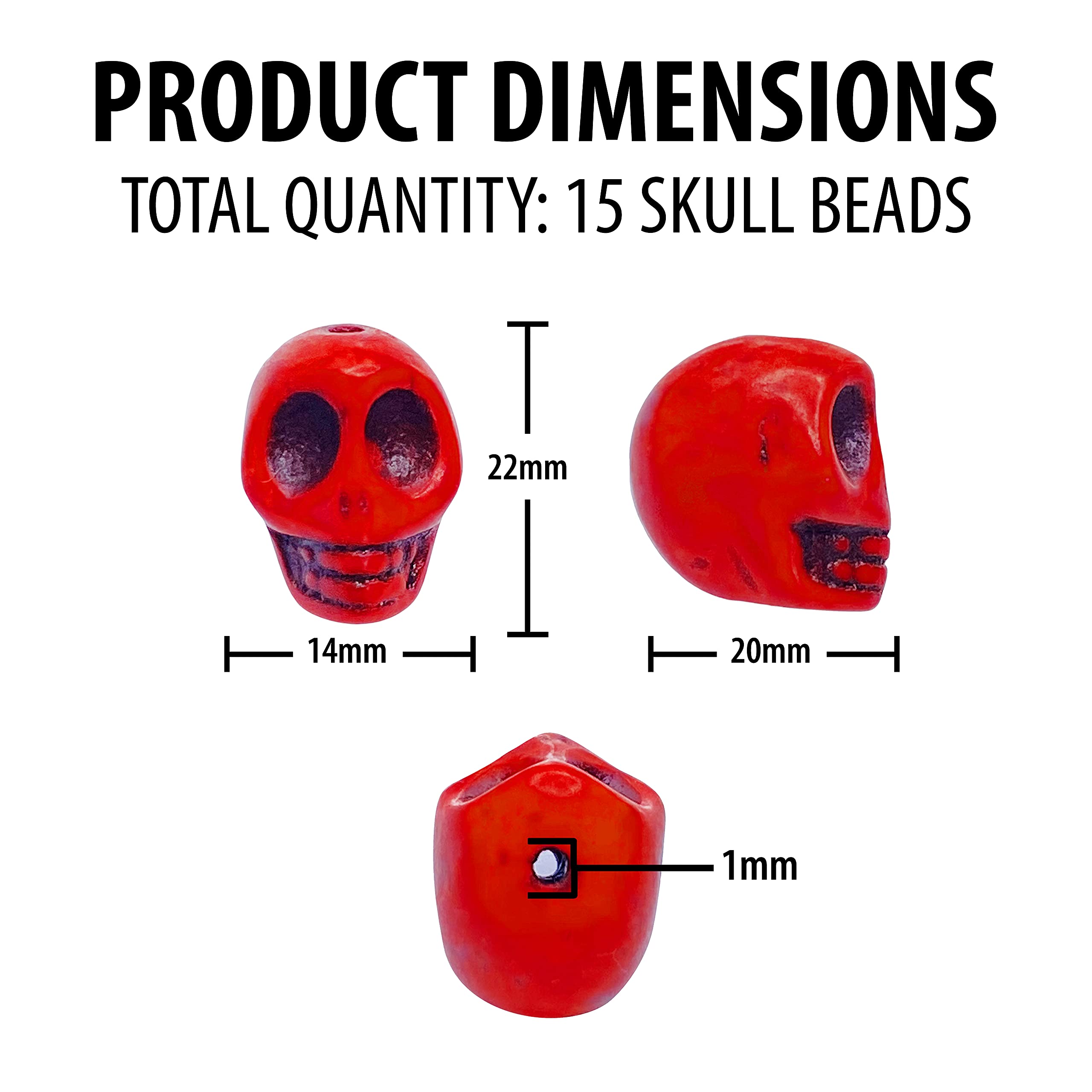 15PCS 17mm Red Howlite Carved Skull Beads for Jewelry Making - Bulk Small Skull Charms & Skeleton Beads for DIY Crafts, Necklaces & Bracelets - Perfect for Gothic, Boho & Punk Style Accessories