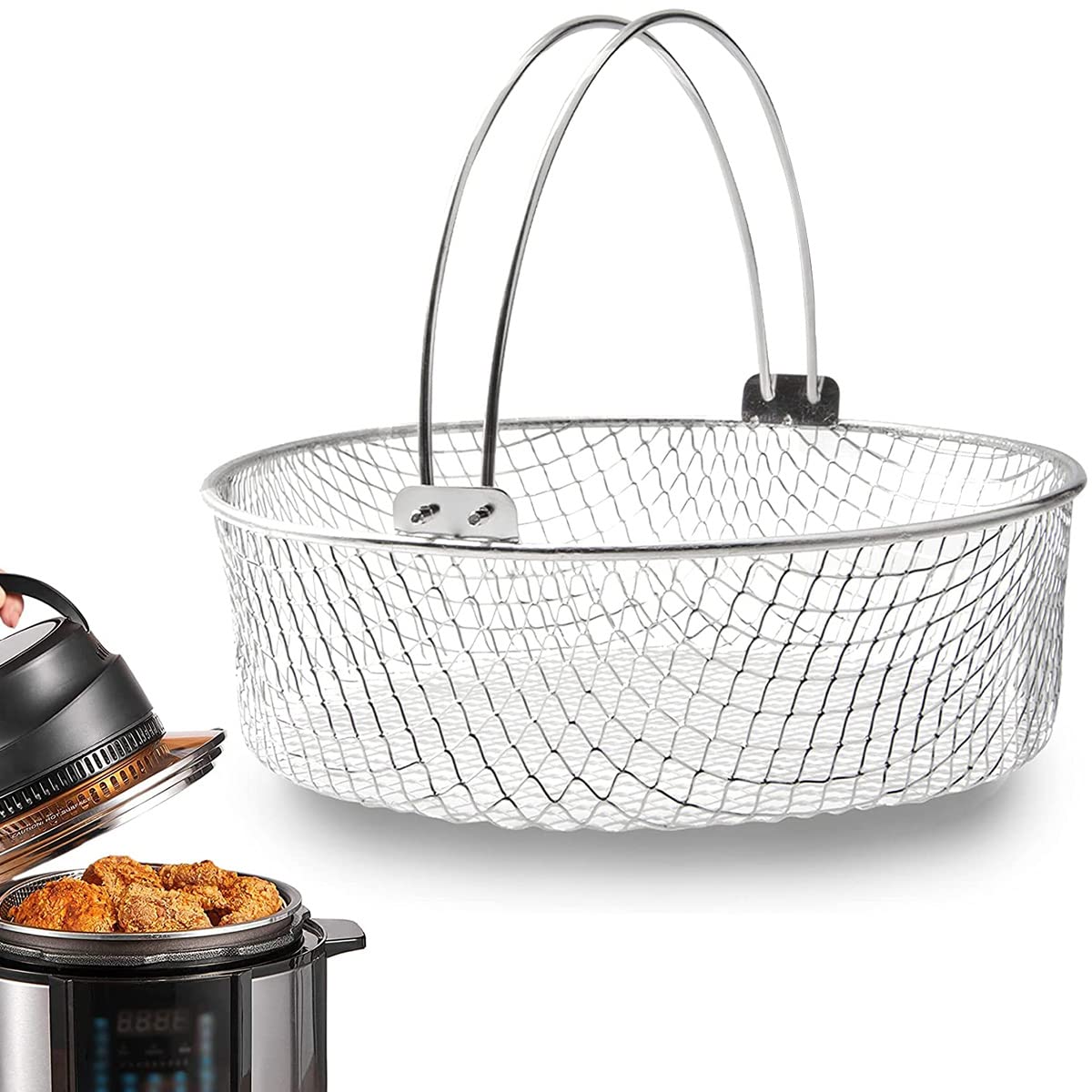 21CM 304 Stainless Steel Air Fryer Mesh Basket with Handle - Crisper Basket for Air Fryer Accessories | Perfect for Healthy Cooking, French Fries, Chicken Wings & Vegetables in Home Kitchen