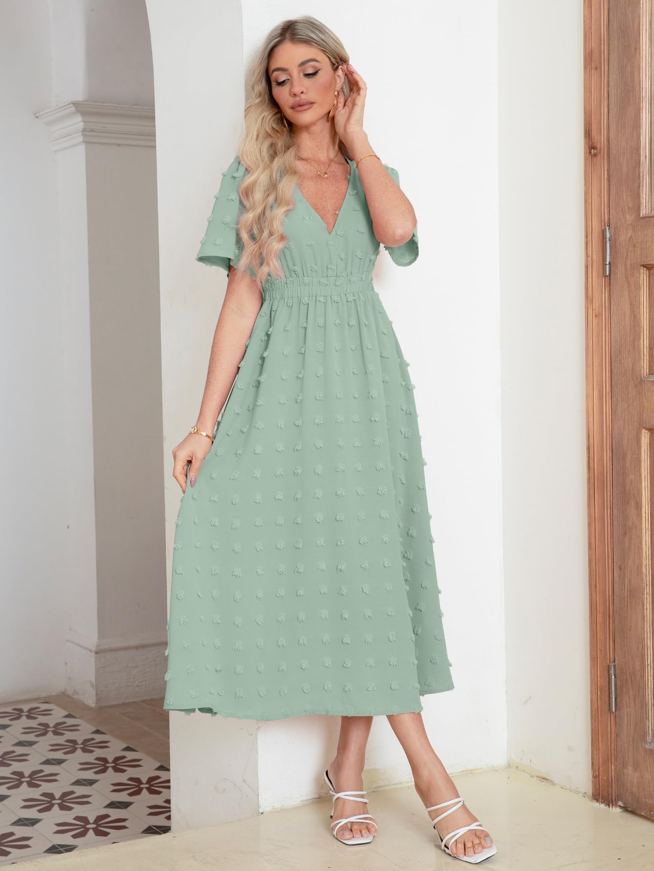 Boho Maxi Dress for Women - Summer Wedding Guest Dress with Short Sleeves & V-Neck - Swiss Dot Flowy Dress for Beach, Party, and Casual Outings
