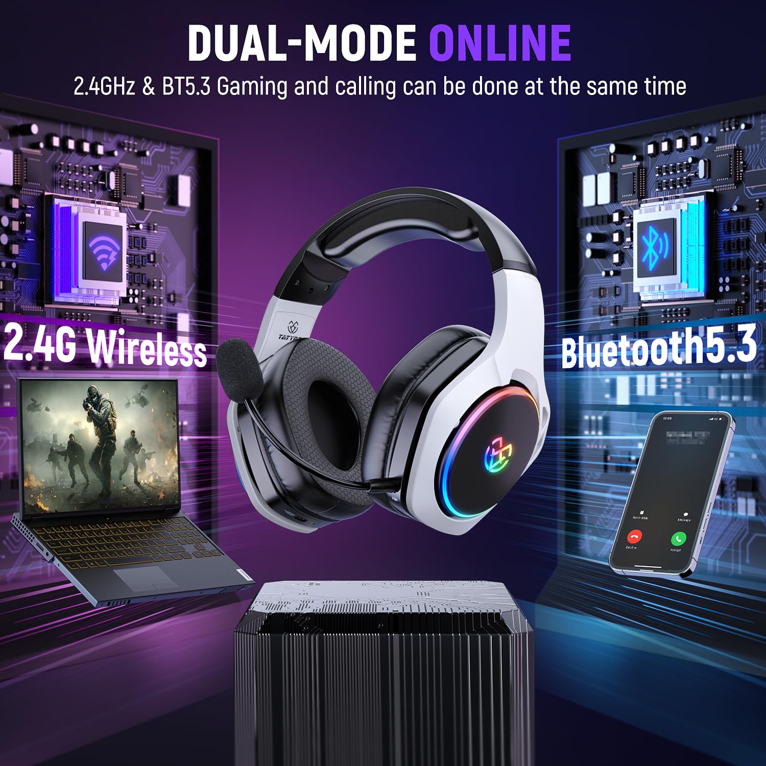 2.4GHz Wireless Gaming Headset with 40+ Hour Battery, Bluetooth 5.3 Headphones with 360° Adjustable ENC Mic - Compatible with PS5, PS4, PC, Nintendo Switch & Mobile Phones | Perfect for Competitive Gaming, Streaming & Online Meetings