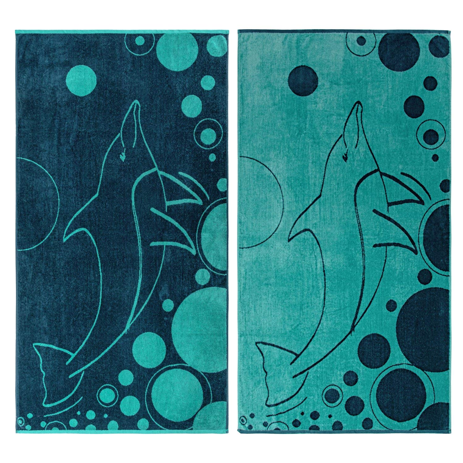 Mystic Dolphin Oversized Cotton Beach Towel Set of 2 - Soft, Absorbent & Quick-Dry - Perfect for Pool, Beach, Yoga & Travel - Teal Blue
