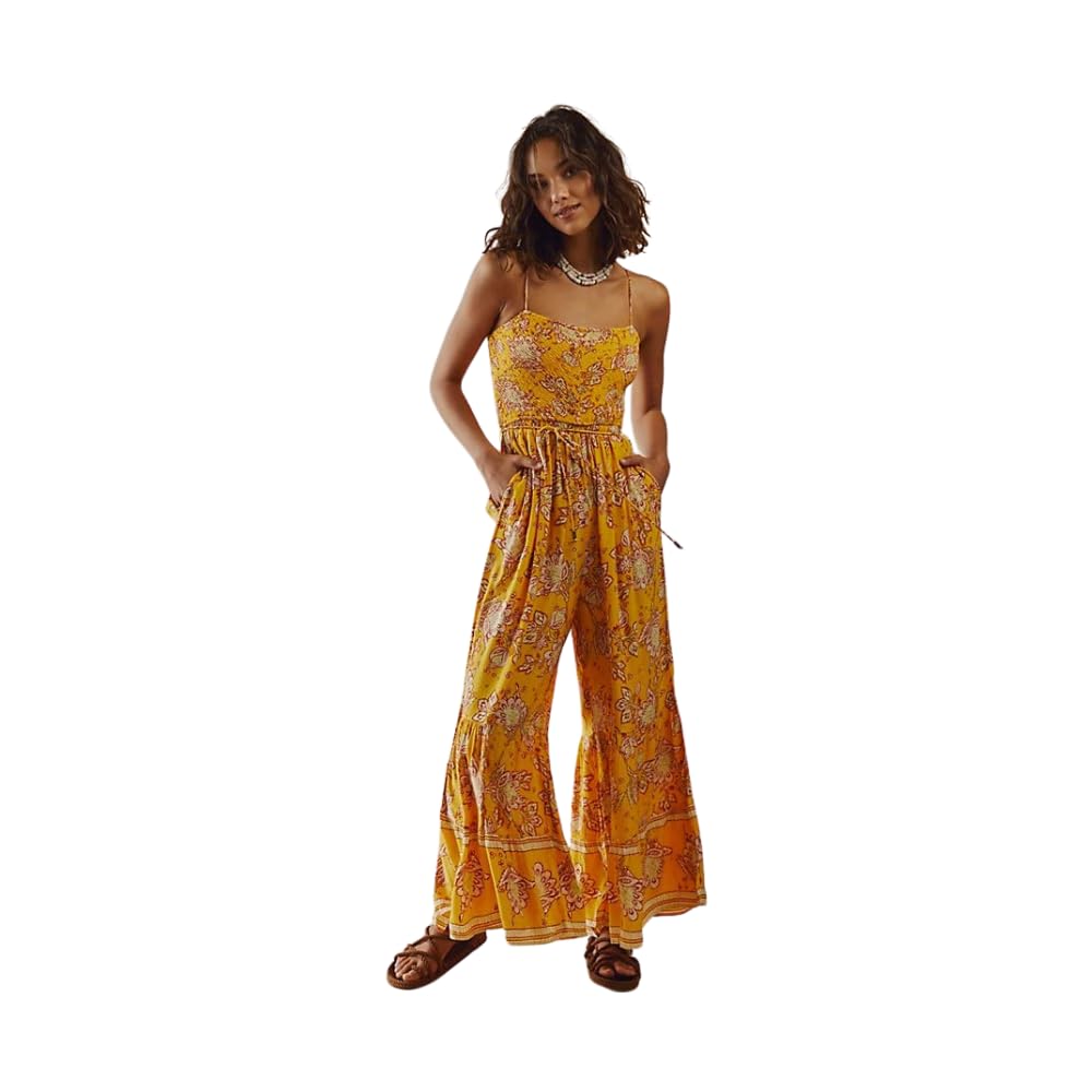 Free People Little Of Your Love Jumpsuit - Marigold Combo | Women's Boho Romper for Summer, Festivals & Beach Vacations