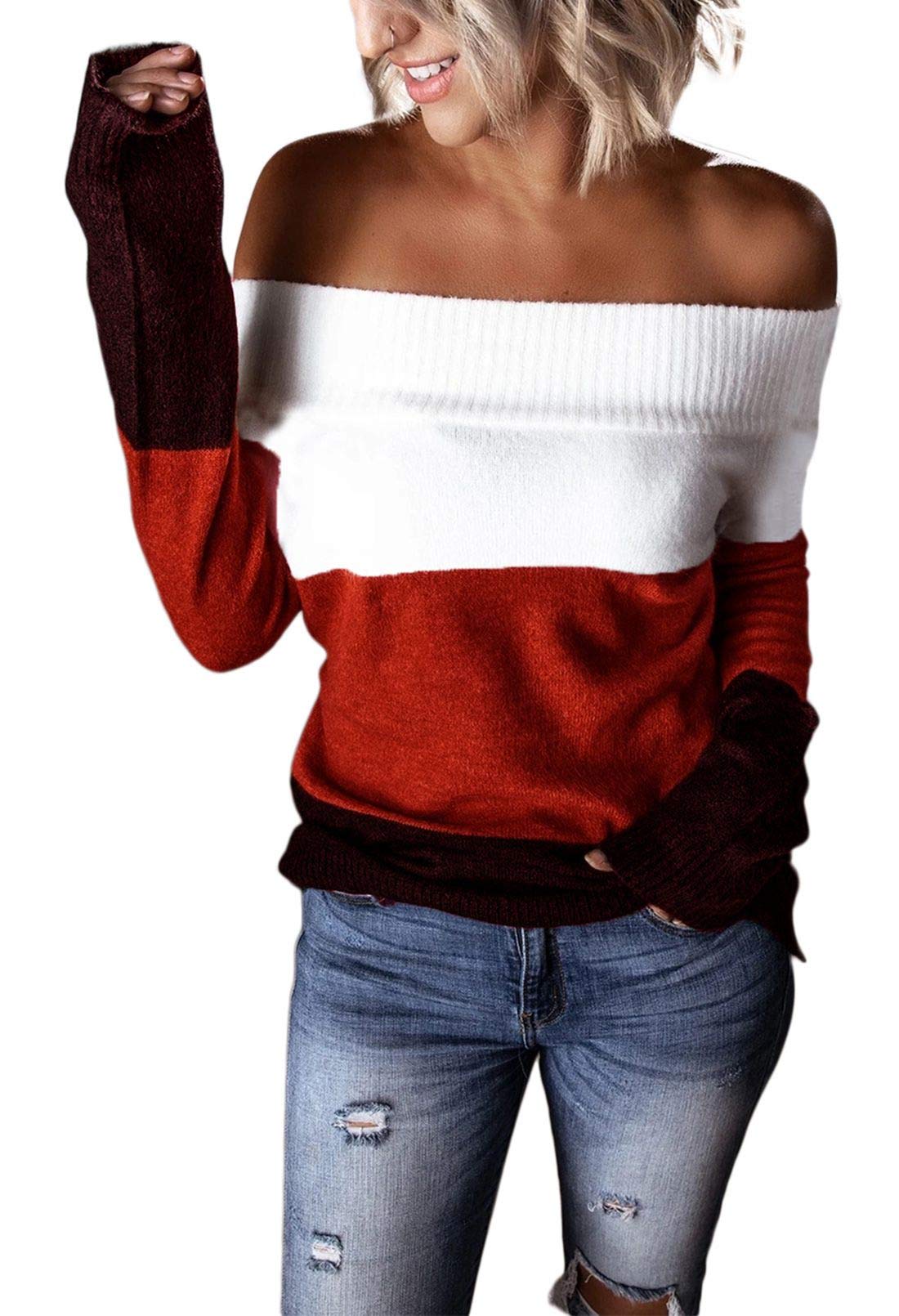 Women's 2023 Fall Winter Off Shoulder Sweater - Oversized Knit Pullover Jumper Tunic Top for Casual Outfits & Holiday Parties