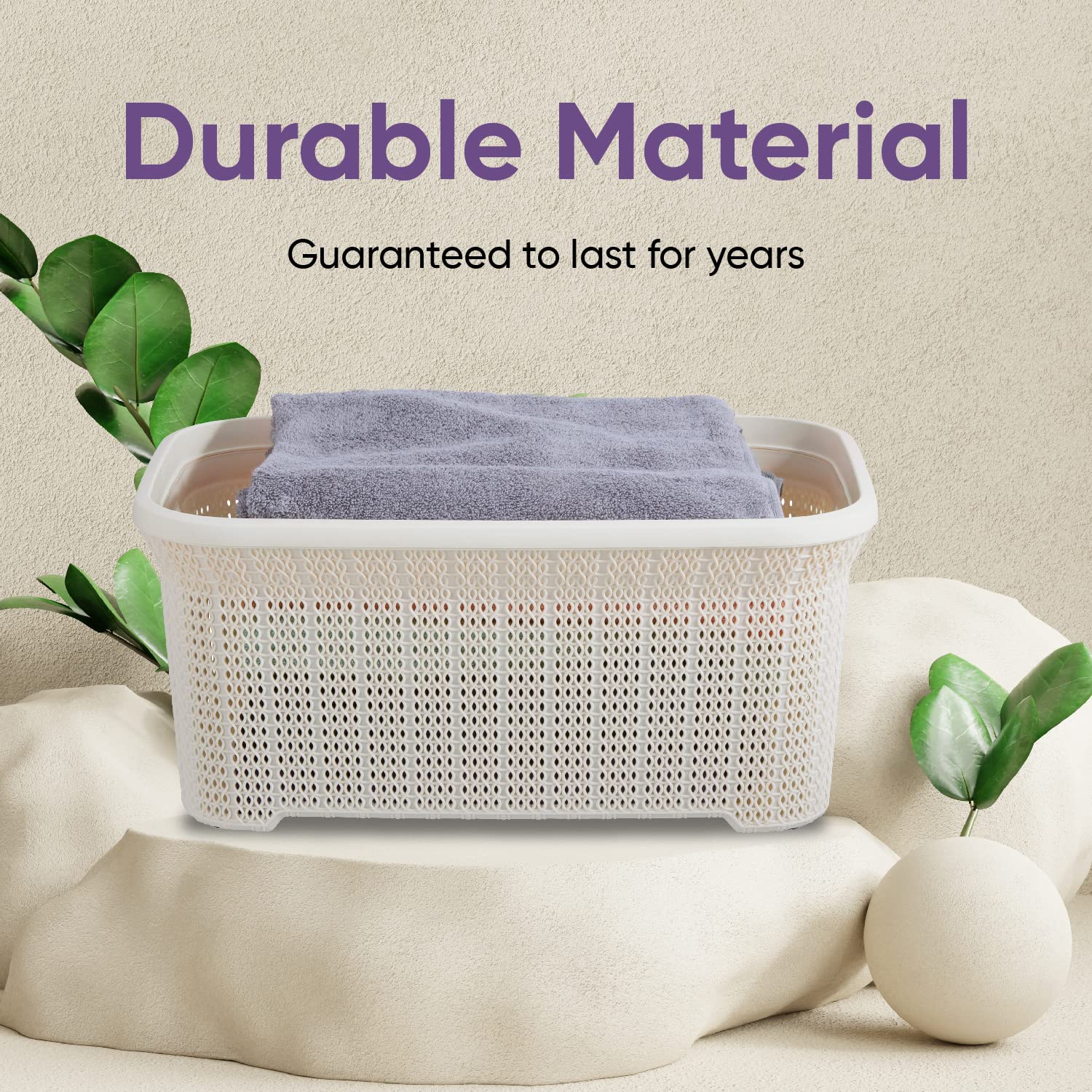 Plastic Laundry Basket with Cut-Out Handles - 40L Small Storage Hamper for Clothes Organization | Space-Saving Cream Knit Design for Laundry Room, Bedroom & Bathroom | Perfect for College Dorms, Apartments and Small Spaces