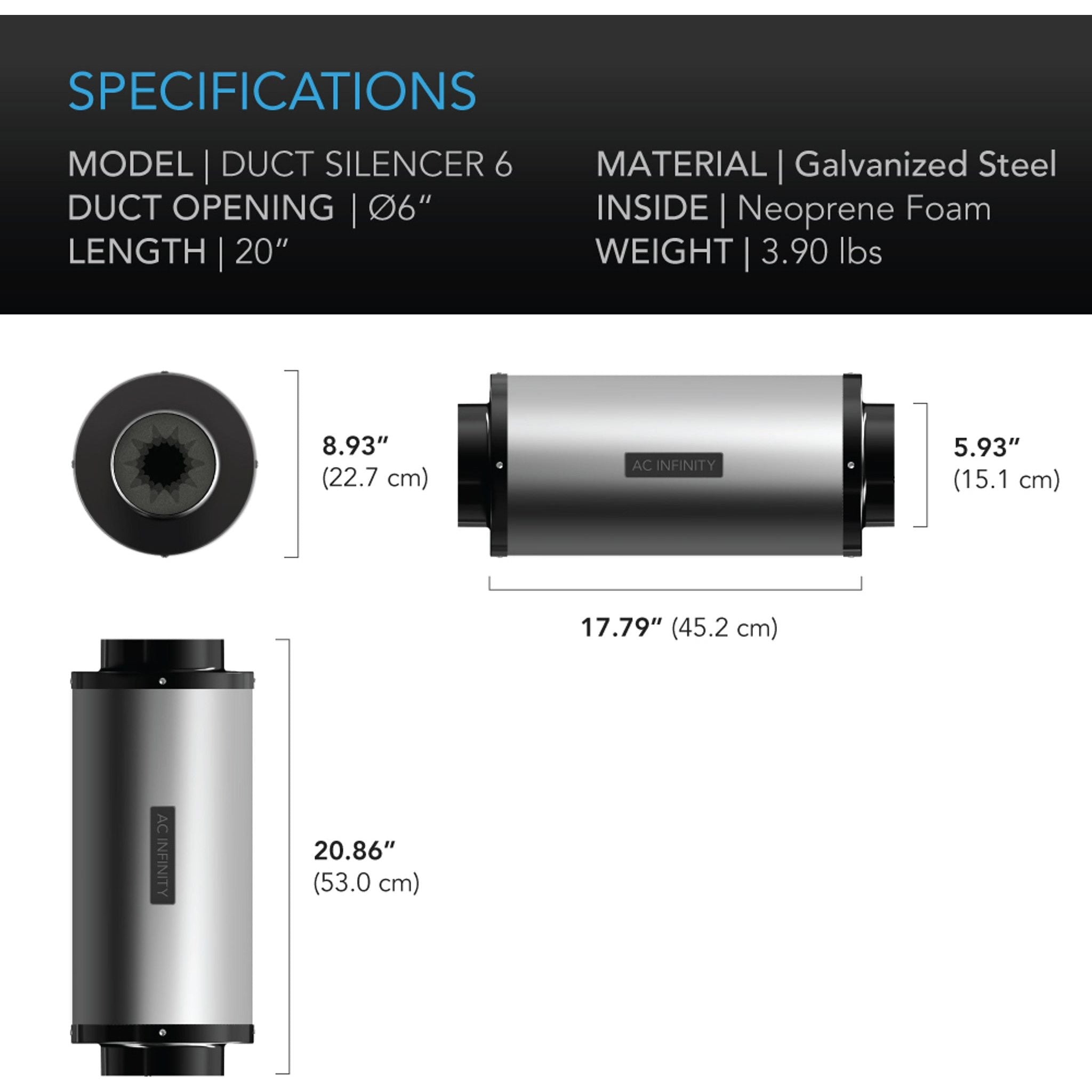 AC Infinity 6-Inch Duct Silencer - Noise Reducer for HVAC, Grow Tents & Ventilation Systems | Quiet Airflow Solution for Home, Office & Indoor Gardens