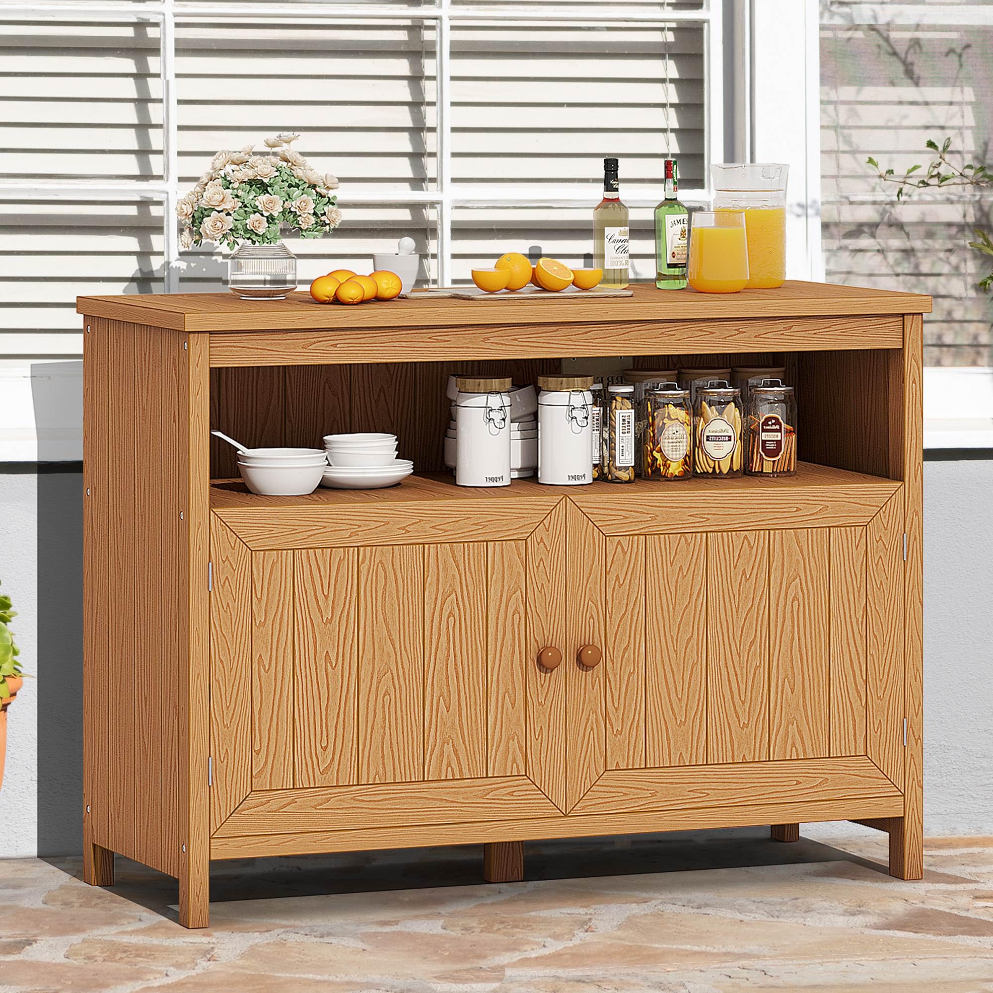 DWVO Poly Lumber Outdoor Sideboard Cabinet - Weather Resistant Patio Bar Table with Storage Shelves for Pool, Garden & Backyard - Brown - Perfect for Outdoor Entertaining and Storage