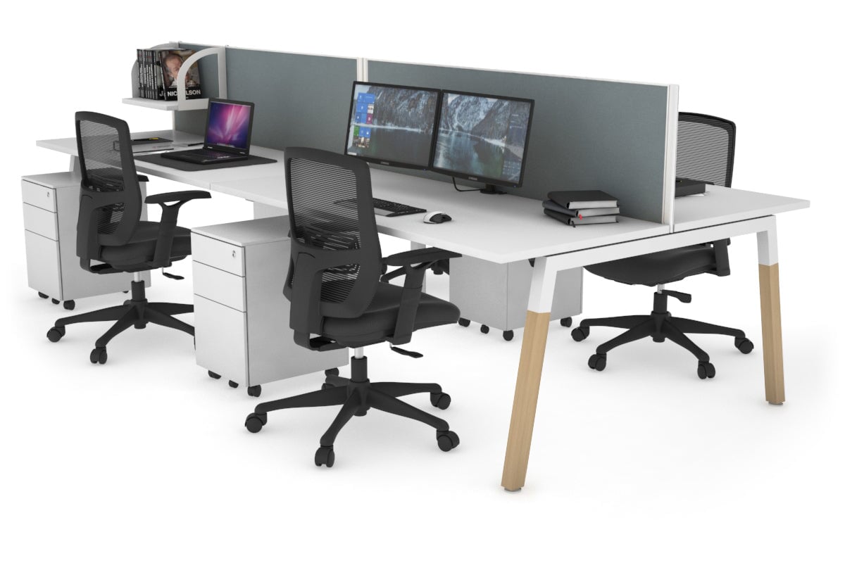 Quadro A Legs 4-Person Office Workstation with Wood Legs & Cross Beam [1600L x 700W] - Perfect for Collaborative Workspaces & Modern Offices