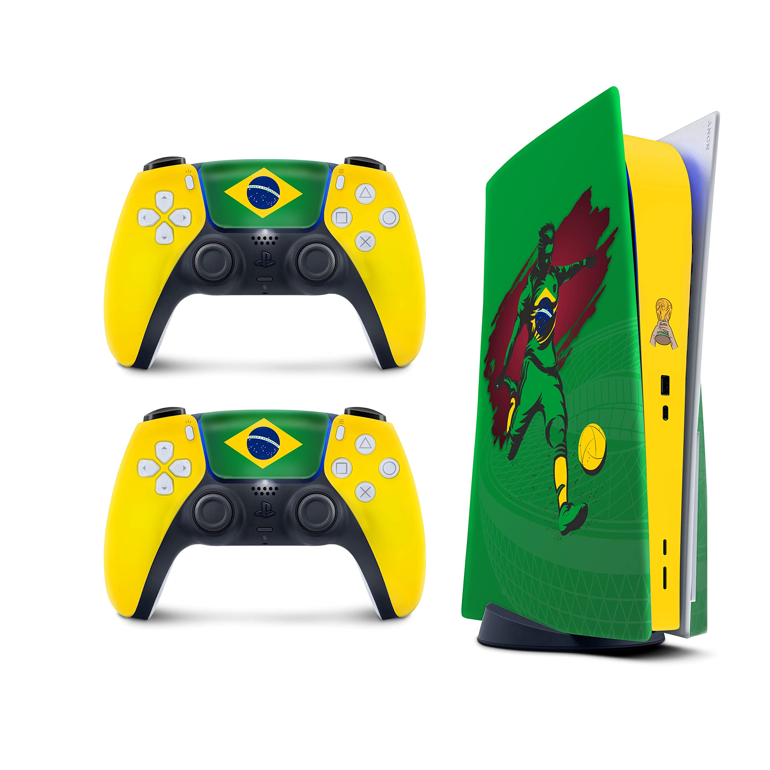 2022 World Cup PS5 Skin Stickers - Vinyl 3M Decal Full Wrap Cover for PlayStation 5 Console & 2 Controllers (Brazil National Team Design) | Perfect for Soccer Fans, Gaming Setups & Themed Decor