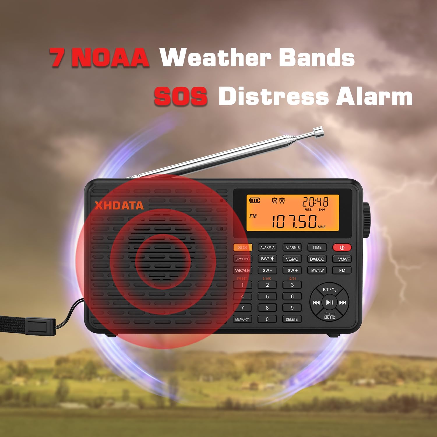 Portable AM/FM/SW/LW/WB Weather Radio with NOAA Alerts - Battery Operated Shortwave Receiver, Bluetooth Speaker, MP3 Player, SOS Alarm & Sleep Timer - Perfect for Emergency Preparedness, Outdoor Adventures & Home Use