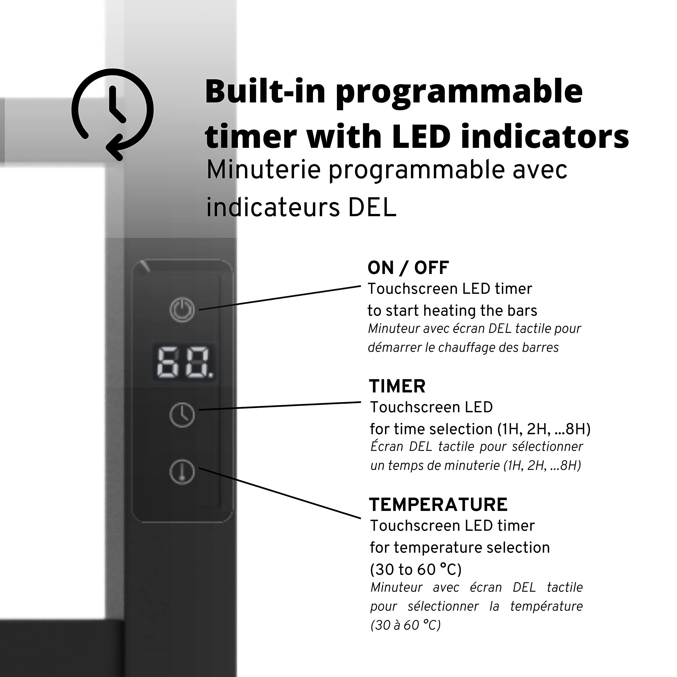 Odass Premium Electric Towel Warmer with Built-in Timer & LED Display - Adjustable Temperature 86°F to 140°F (30°C-60°C), 10-Square Bar Design, Wall Mountable in Matte Black - Perfect for Bathrooms, Spas & Luxury Home Use