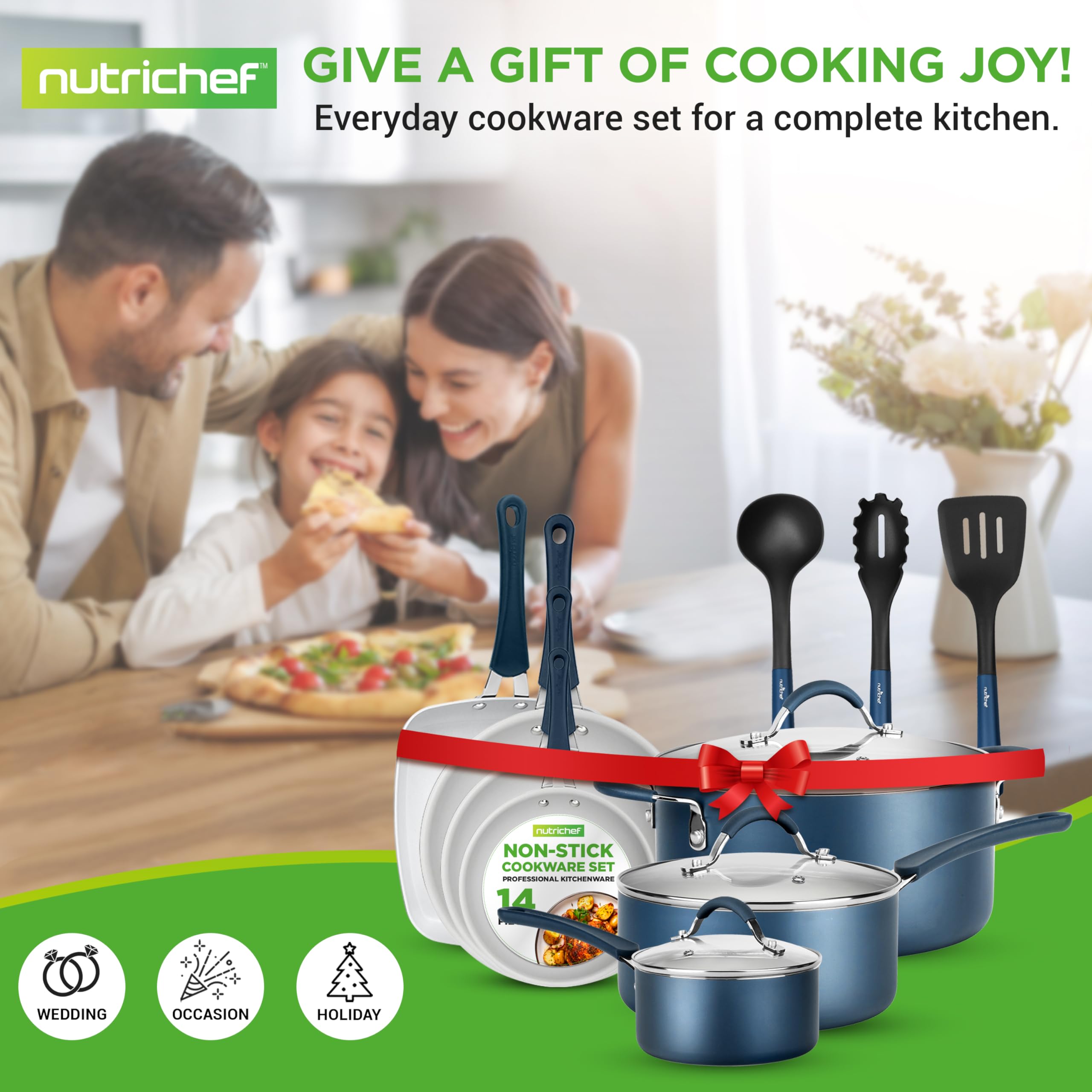 NutriChef 14-Piece Navy Blue Non-Stick Cookware Set with Lids & Utensils - Durable Pots and Pans for Gas, Electric & Induction Cooktops - Perfect for Everyday Cooking, Meal Prep & Family Dinners