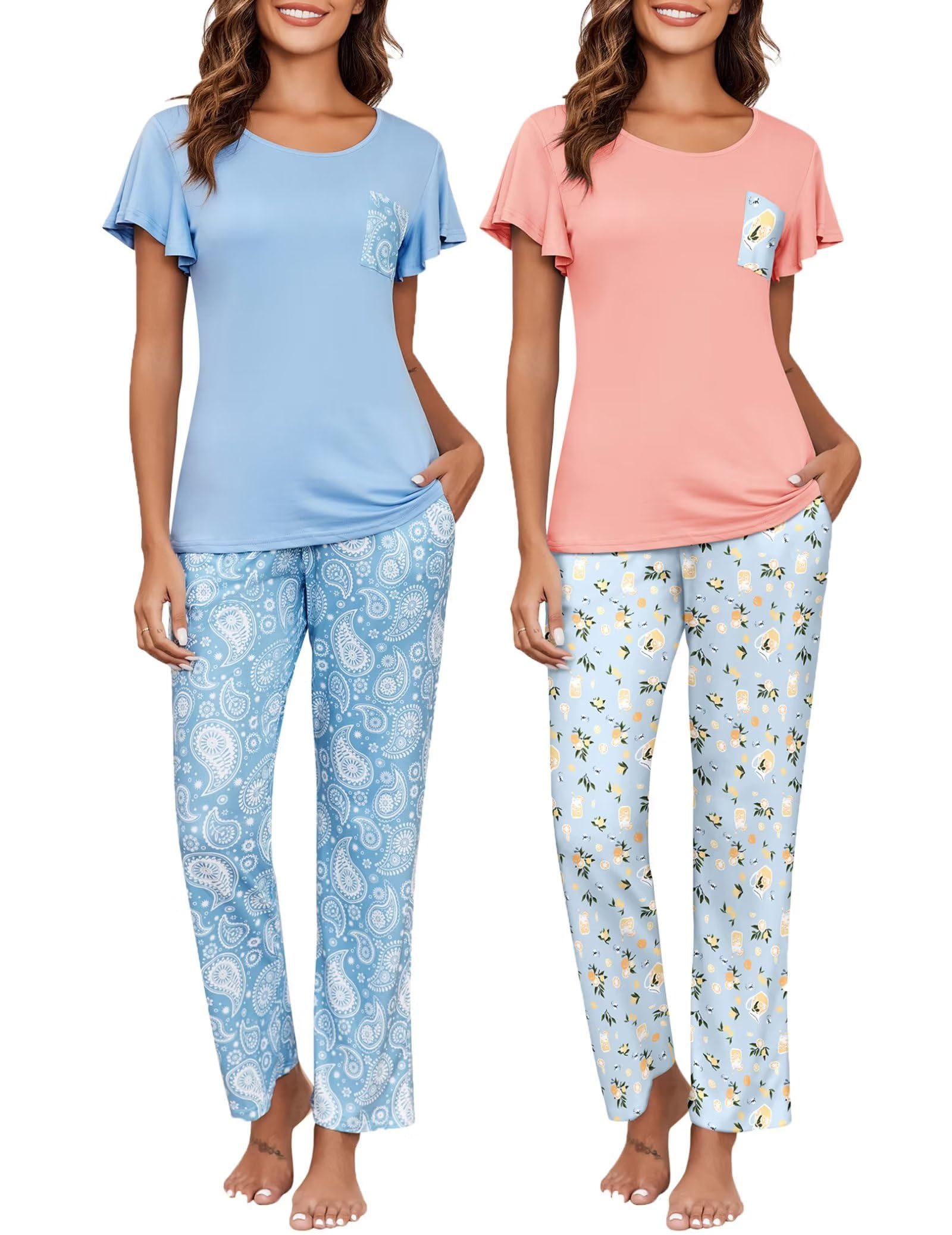 Ekouaer Women's Pajama Set - 2 Pack Soft Short Sleeve Sleepwear with Long Pants, Printed Lounge Pajamas with Pockets - Perfect for Sleep, Relaxing at Home & Lounging