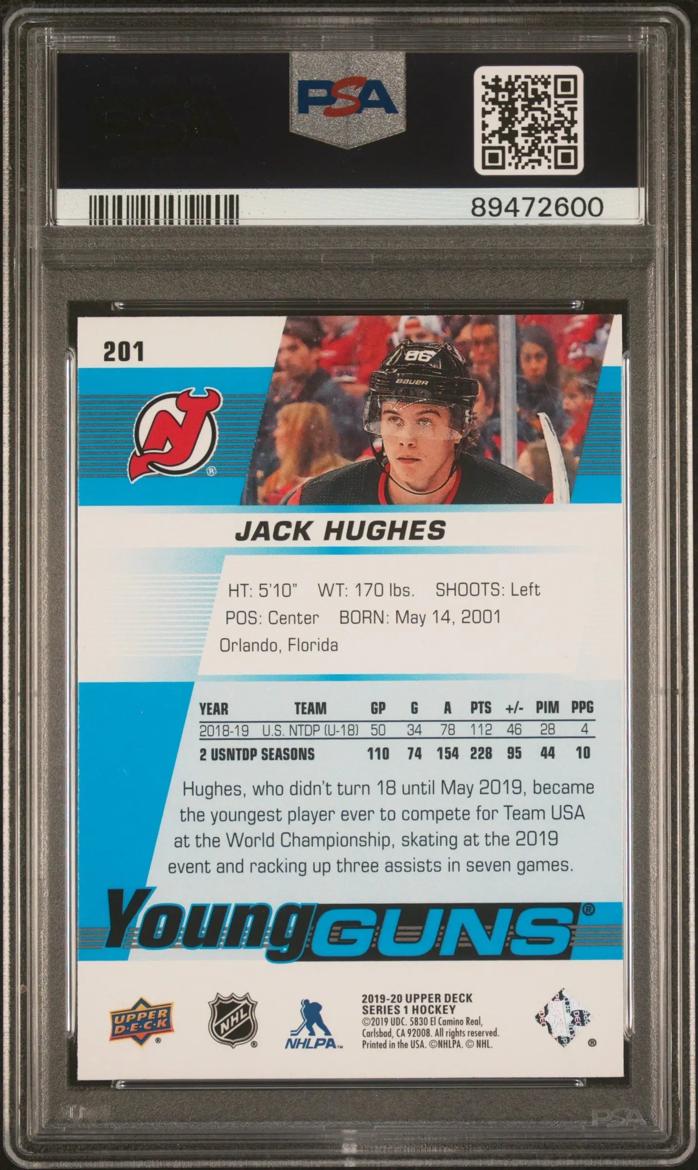 2019 Upper Deck Series 1 Hockey Jack Hughes Young Guns PSA 10 #201 Rookie Card - Perfect for Collectors, Investors & Hockey Fans - Display in Home Office, Man Cave or Sports Memorabilia Collection