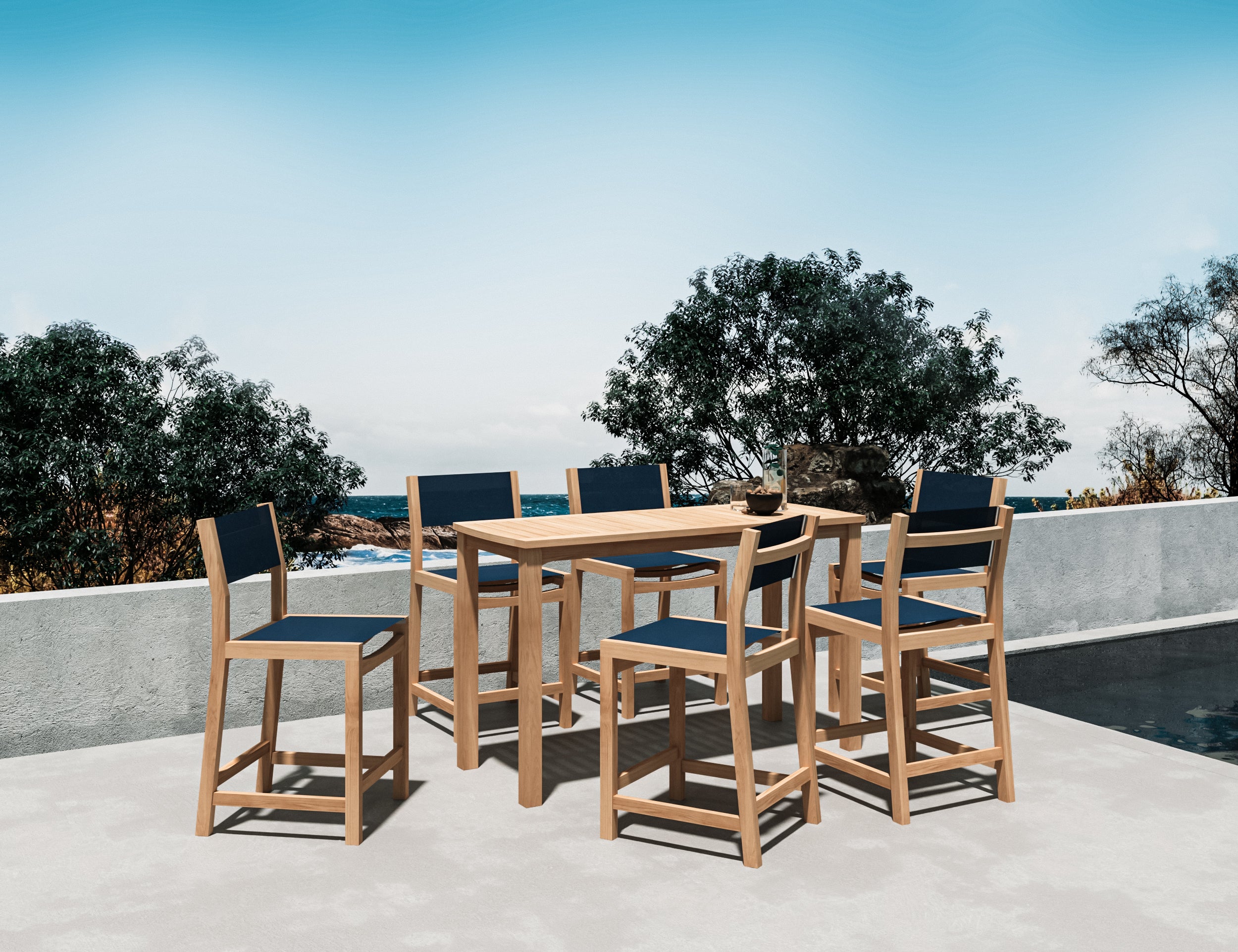 Premium 7-Piece Teak Outdoor Dining Set - Rectangular Counter Height Table with Blue Cushions - Perfect for Patio, Garden, and Backyard Entertaining