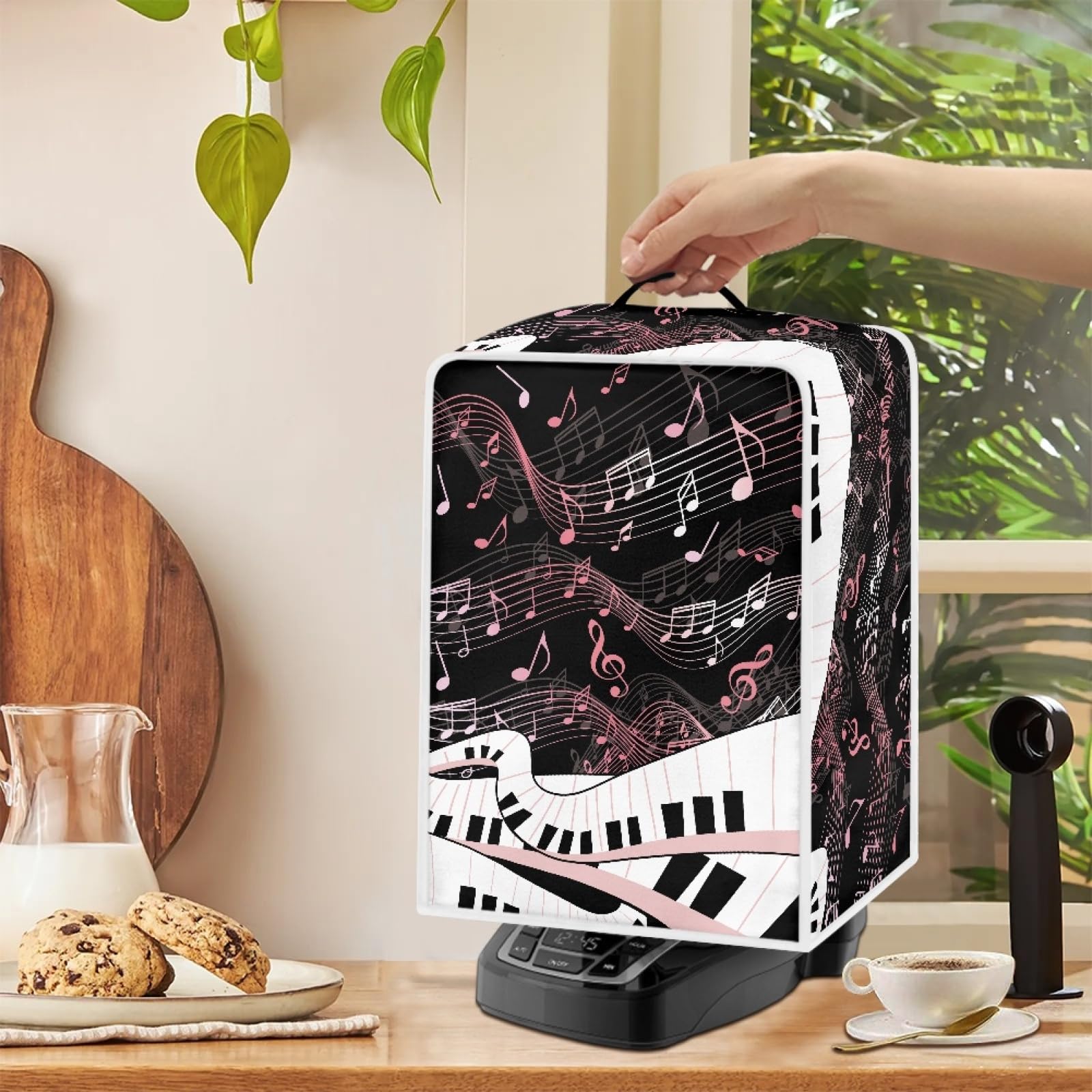 GLENLCWE White & Pink Music Note Coffee Maker Cover with Handle - Foldable Dust Protection Cover for Most Standard Coffee Machines | Perfect for Kitchen, Office, and Dorm Use