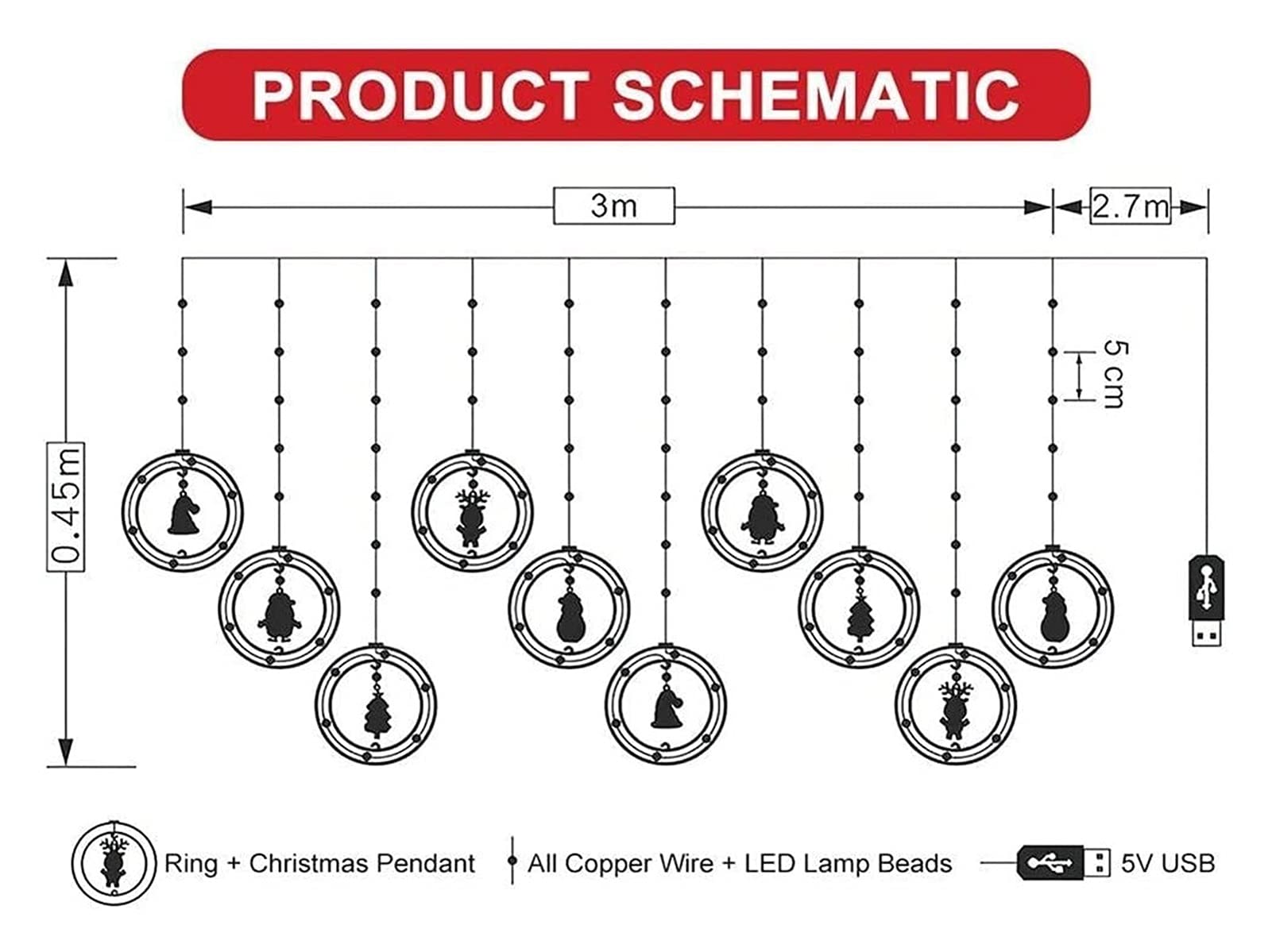 LED Christmas Curtain String Lights with Wishing Balls & Icicles - Santa, Snowman, Reindeer Decor for Tree, Window & Home - Perfect for Holiday Parties, Indoor/Outdoor Decorations & Gift Giving