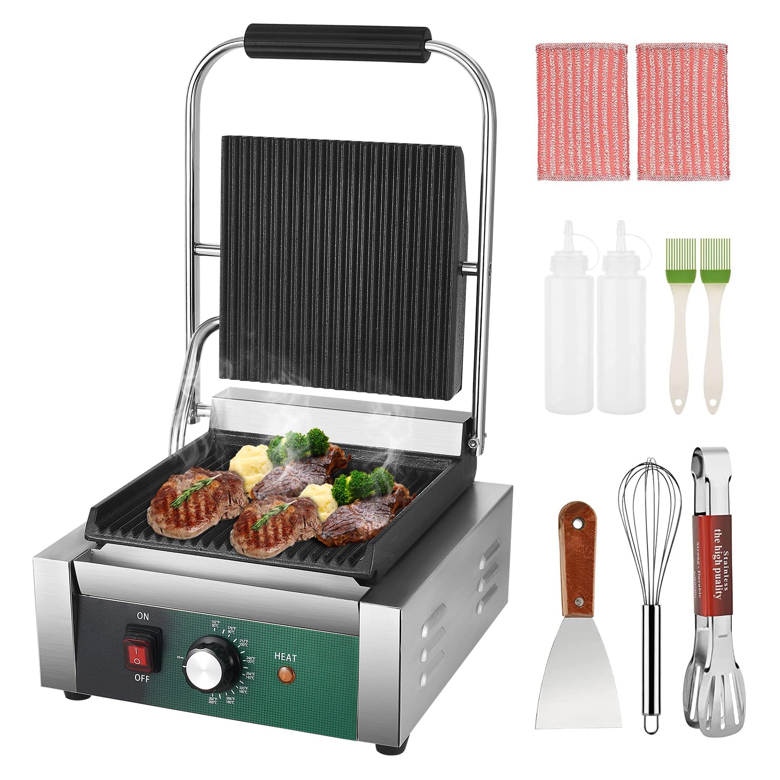 2200W Commercial Electric Panini Press Grill with Non-Stick Grooved Plates, Adjustable Temperature Control Sandwich Maker - Perfect for Hamburgers, Steaks, Paninis & Breakfast Griddles - Ideal for Restaurants, Cafes & Home Kitchens
