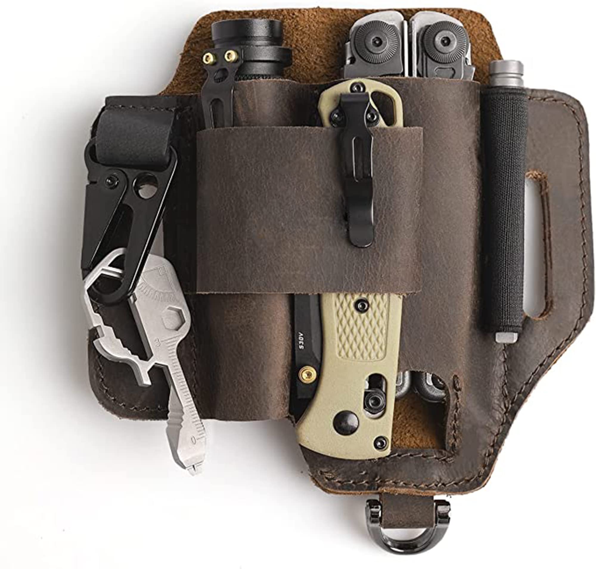 Handmade Leather Multitool Sheath for Belt - EDC Pocket Organizer with Pen Holder, Knife Belt Holder & Key Fob - Perfect for Camping, Hiking & Outdoor Adventures
