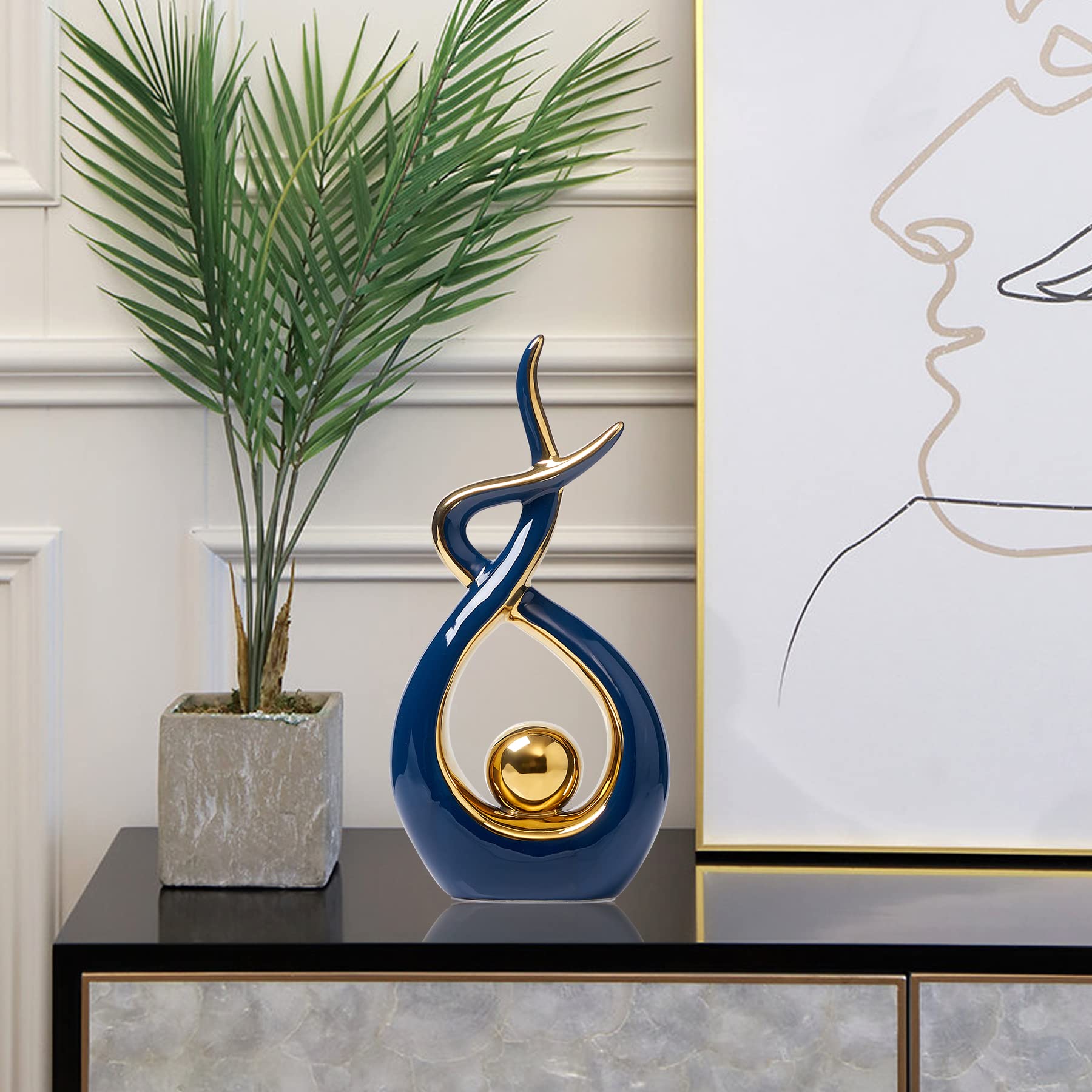 Modern Ceramic Stature - Blue Large Art Sculpture for Coffee Table & Living Room Decor | Elegant Home Centerpiece for Dining Table & Office Display | FJS Home Decor Accents