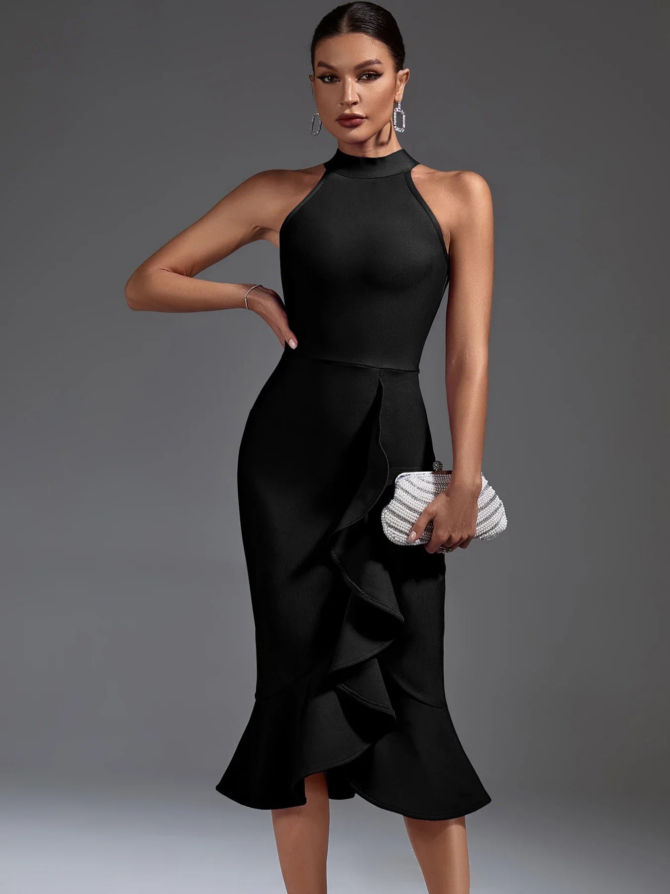 Elegant Black Bandage Dress for Women - Bodycon Midi Party Dress with Ruffle Mermaid Hem | Sexy Club Outfit for Evening, Birthday & Night Out