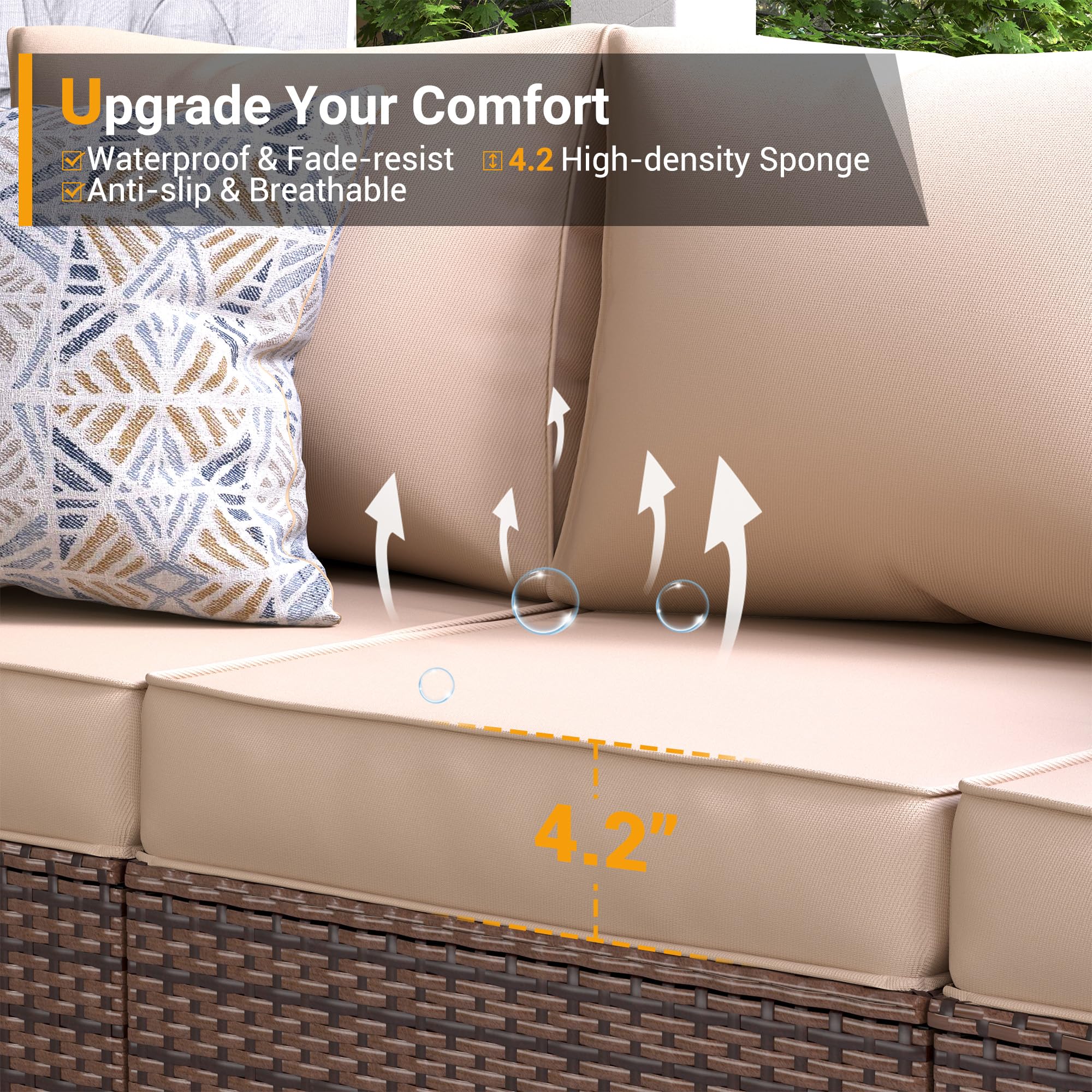 **UDPATIO All-Weather Wicker Single Sofa - Outdoor Rattan Sectional Couch with Non-Slip Cushion, Deep Seating & High Back - Khaki - Perfect for Patio, Garden, Poolside & Backyard Relaxation**