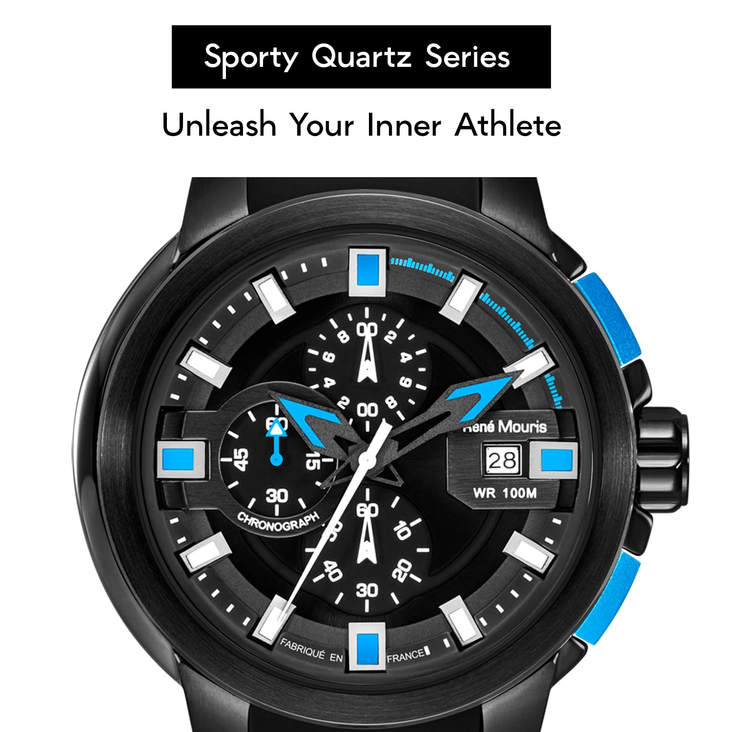 René Mouris Prowler Chronograph Men's Watch - 47MM 316L Stainless Steel Sport Watch with Sapphire Coated Mineral Crystal & Silicone Strap - 100M Waterproof - Perfect for Diving, Swimming & Outdoor Activities