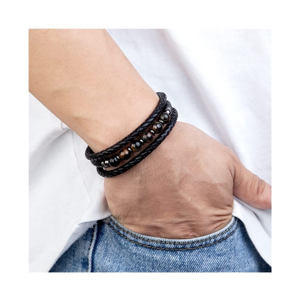 Premium Multilayer Leather & Beaded Bracelets for Men & Women - 8mm Beads, Adjustable 21cm Length, Mixed Metal Colors - Perfect for Casual Wear, Gifts & Boho Fashion Accessories