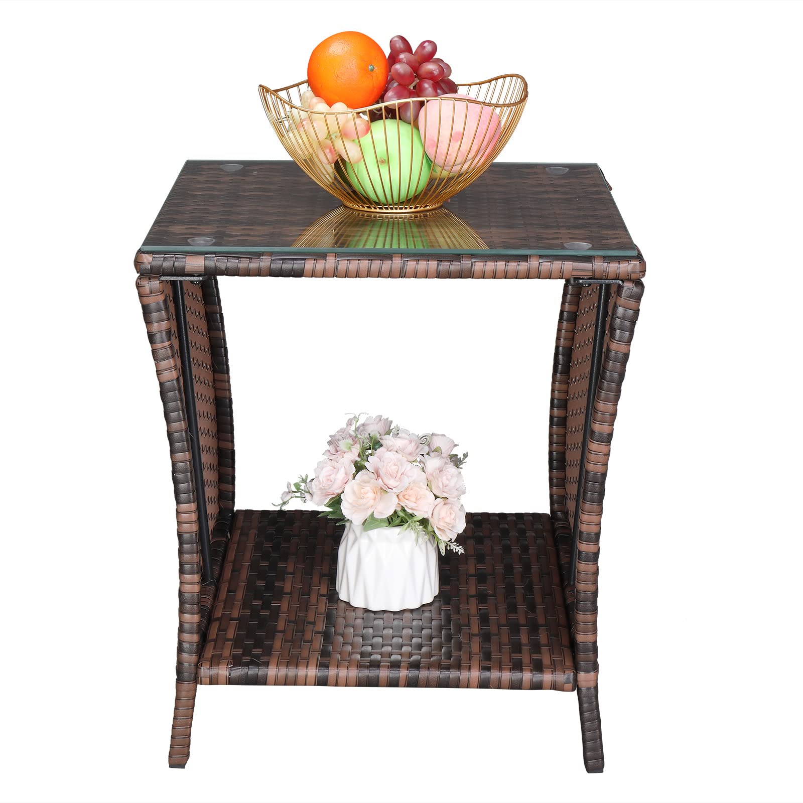 HomVent Wicker Side Table with Storage - Brown Outdoor Coffee Table for Patio & Garden