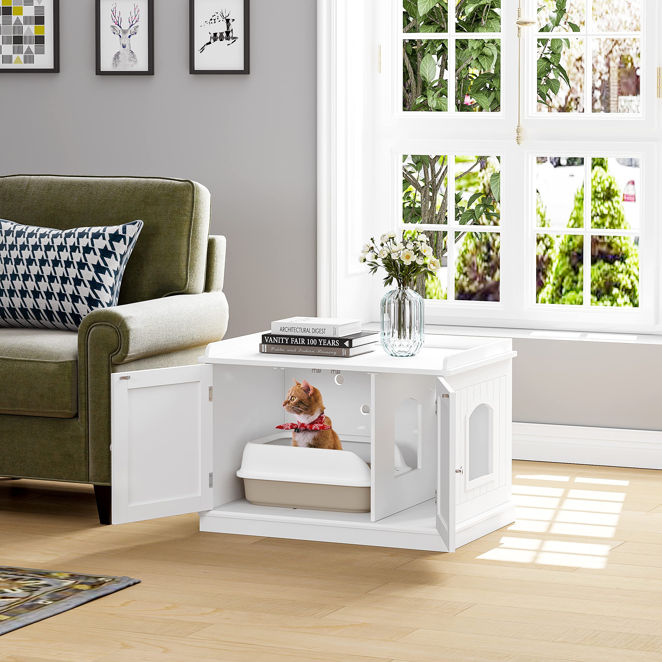 PAWLAND White Cat Litter Box Enclosure Furniture - Hidden Indoor Cat Toilet House with Ventilation Holes, Multi-Functional Side Table for Small Spaces - Perfect for Apartments, Living Rooms & Bedrooms