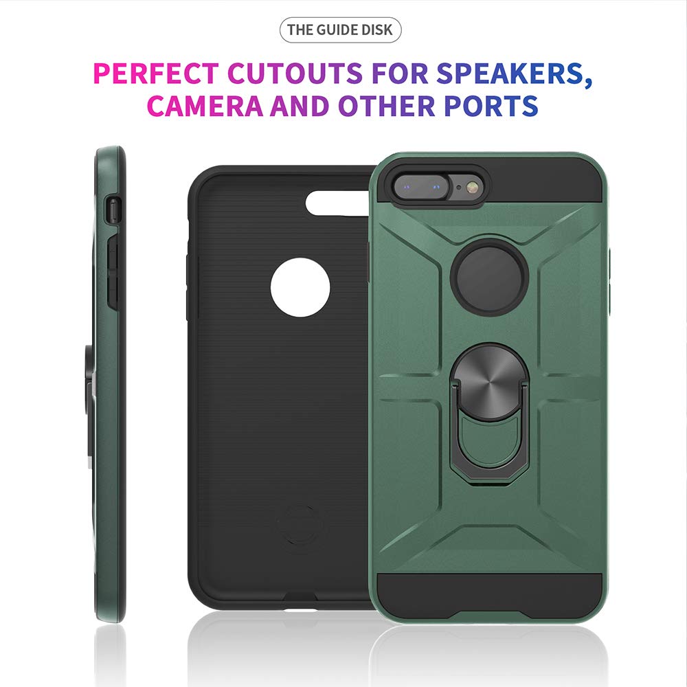 Premium Shockproof iPhone 7 Plus/8 Plus Case - Heavy Duty Silicone Protective Cover with Ring Stand, Anti-Slip Grip, Drop Protection - Dark Green - Perfect for Work, Travel & Outdoor Activities