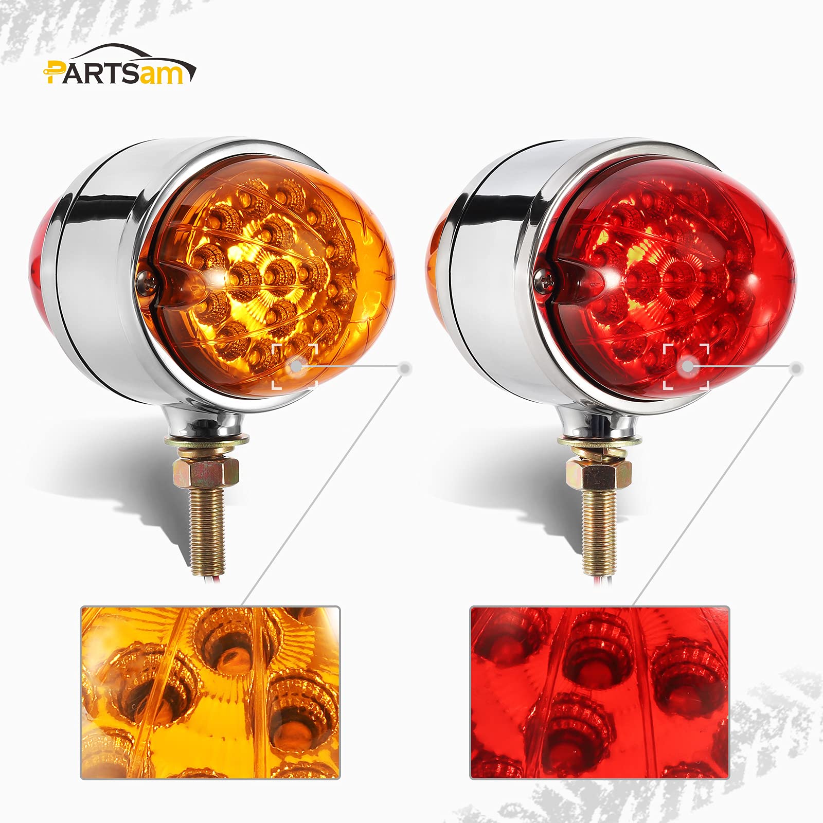 Partsam 2Pcs Amber/Red 17 LED Dual Revolution Watermelon Lights for Semi Truck - Chrome Double Face Auxiliary Turn Signal Lights Replacement for Freightliner, Kenworth & Peterbilt Trucks | Heavy Duty Truck Lighting for Enhanced Road Safety & Visibility