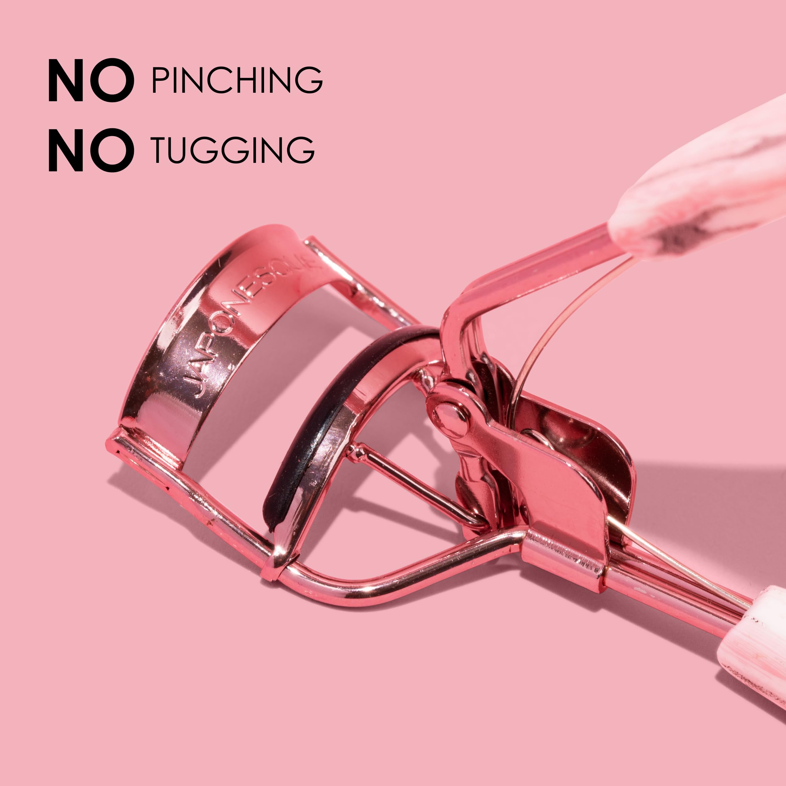 JAPONESQUE Eyelash Curler for Natural & False Lashes - Comfort Grip, Round Shape Design with 1 Extra Refill Pad - Long Lasting 8 Hour Curl - Perfect for Daily Makeup, Bridal Looks & Professional Salon Use
