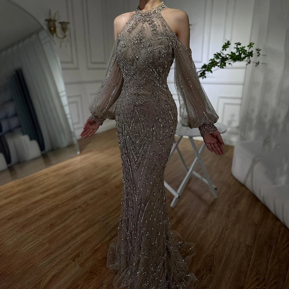 Elegant Sage Green Beaded Halter Neck Mermaid Evening Dress for Women - Luxury Dubai Formal Gown for Weddings, Prom, and Special Occasions - Saudi LA72737