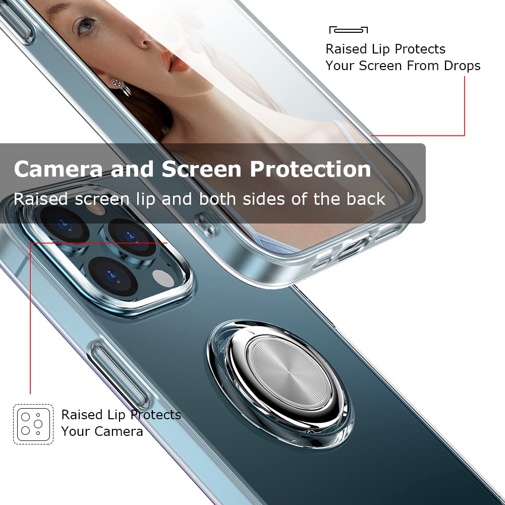 SQMCase for iPhone 13 Pro Max 6.7 inch - Clear Shockproof TPU Case with 360° Rotating Ring Kickstand & 2 Tempered Glass Screen Protectors | Slim Protective Cover for Work, Travel & Outdoor Activities